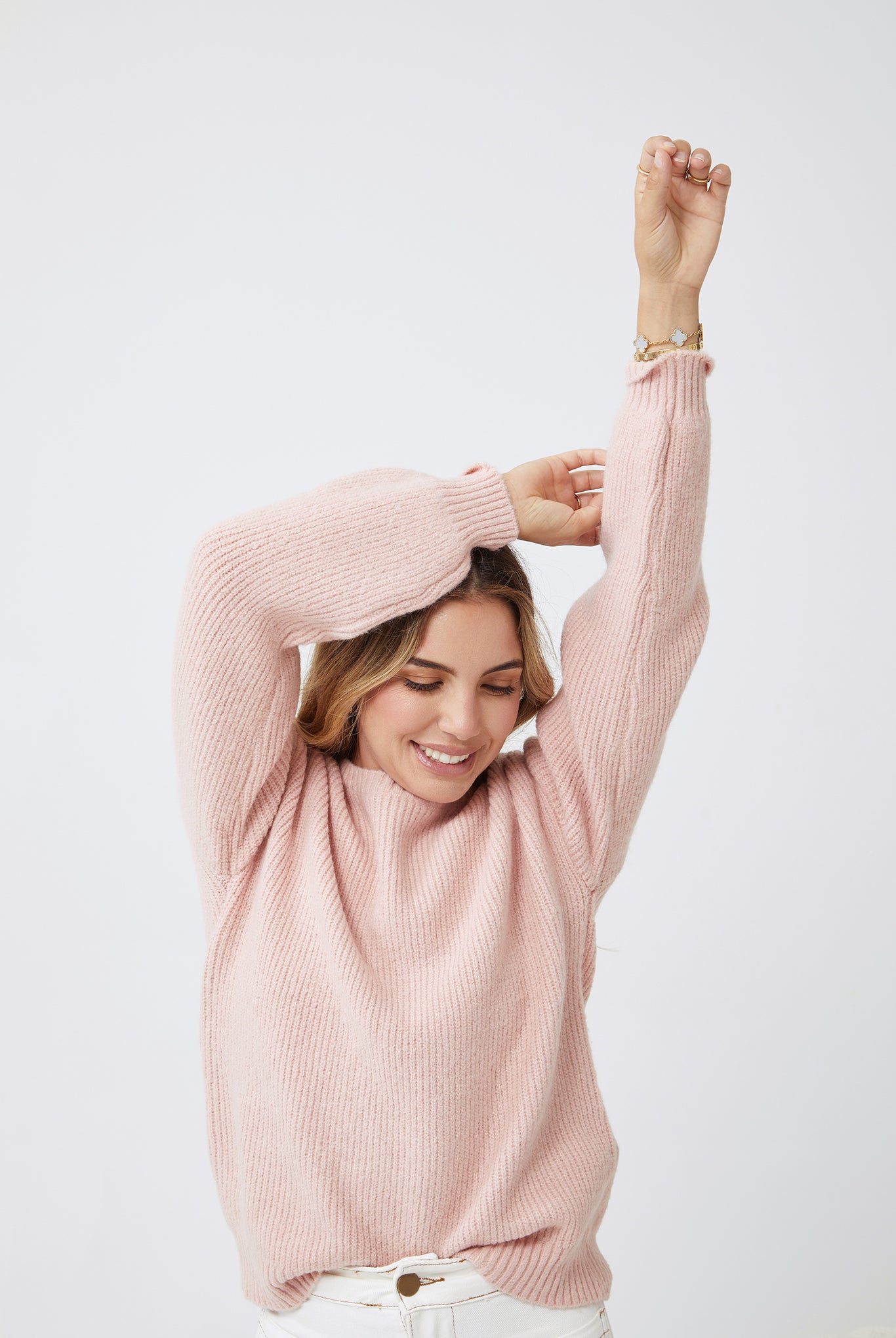 Harvie Knit in Pink womens pink knit jumper styled outfit