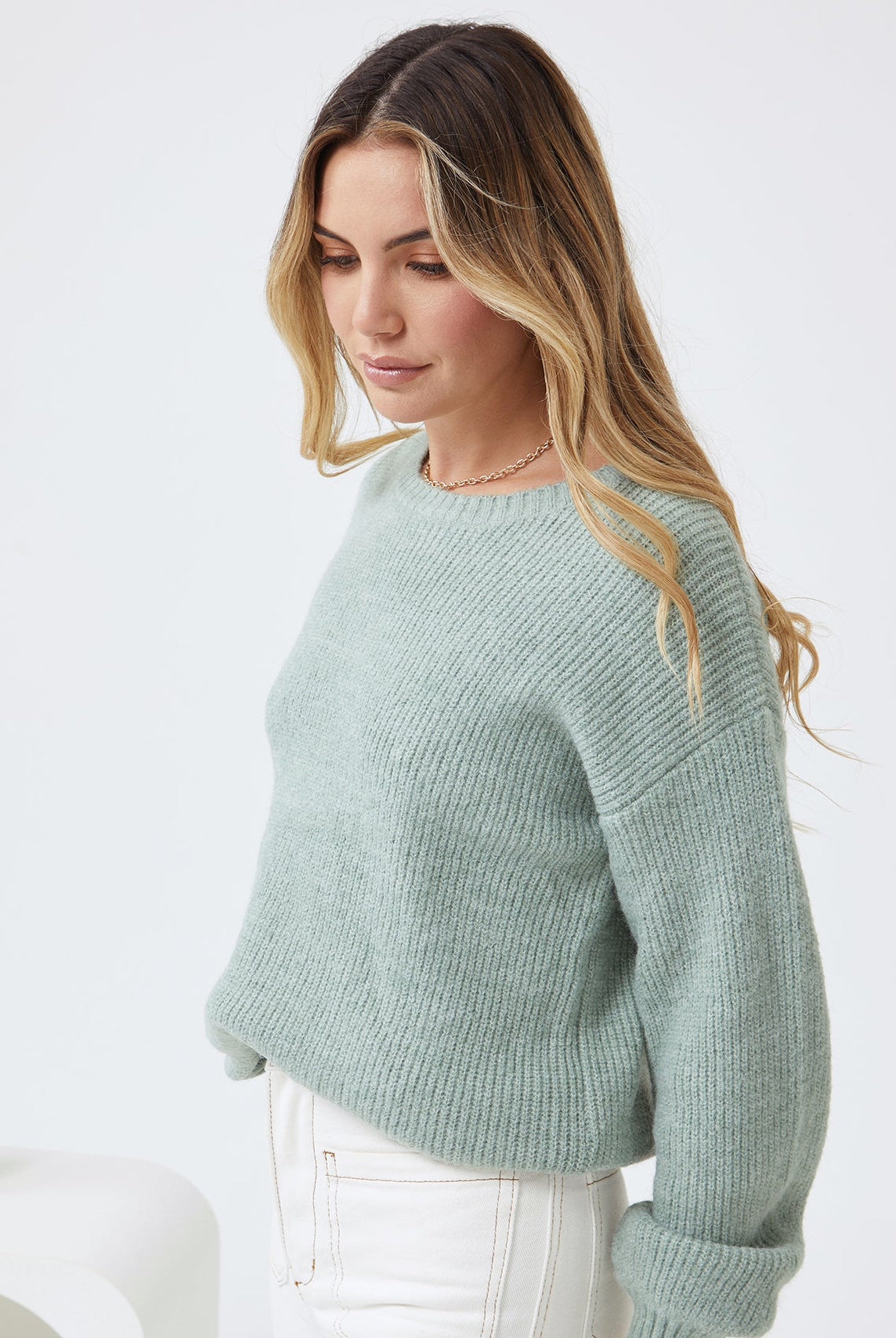 Harvie Knit in Sage womens sage knit jumper styled outfit