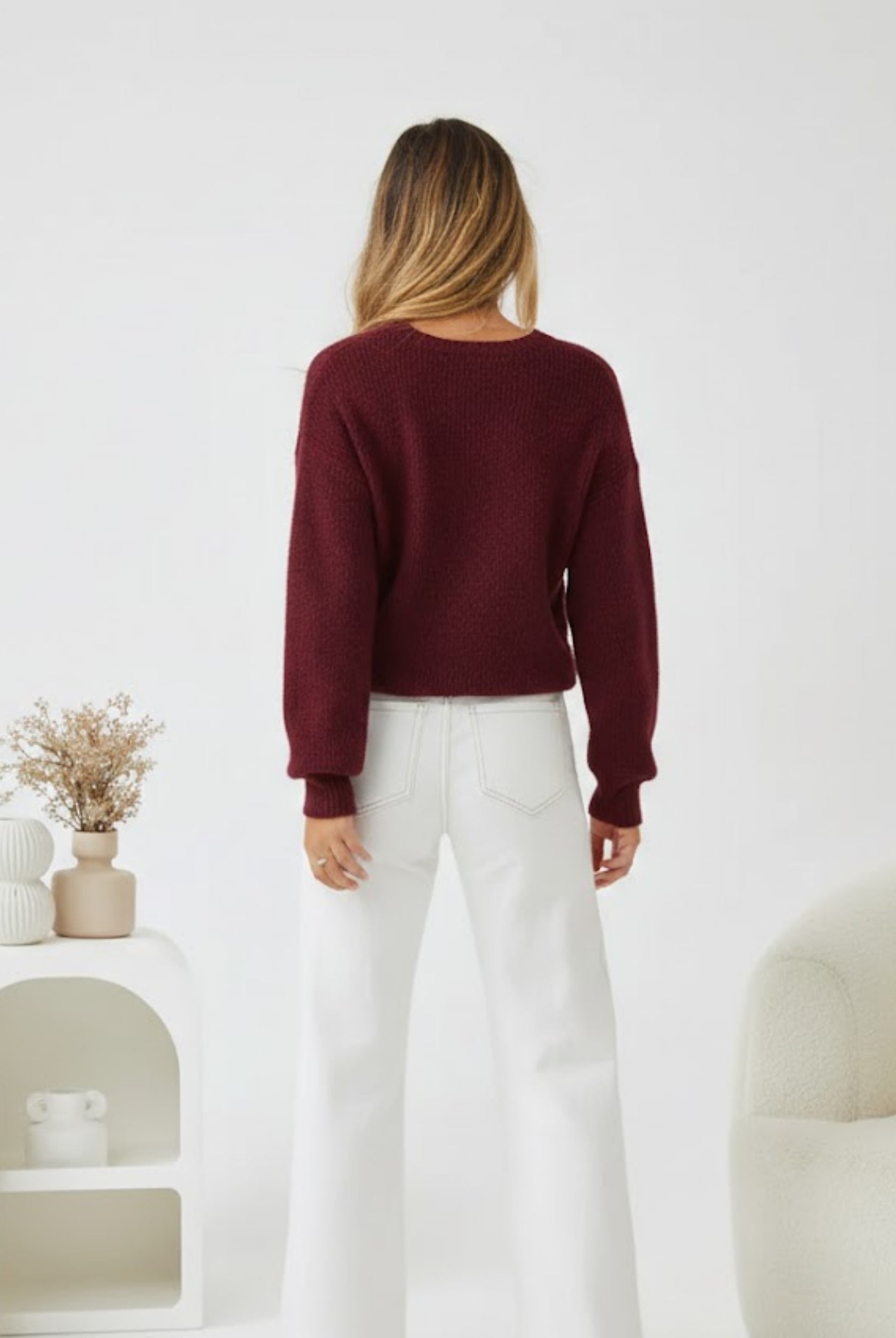 Harvie Knit in Wine womens deep wine wool blend knit back view