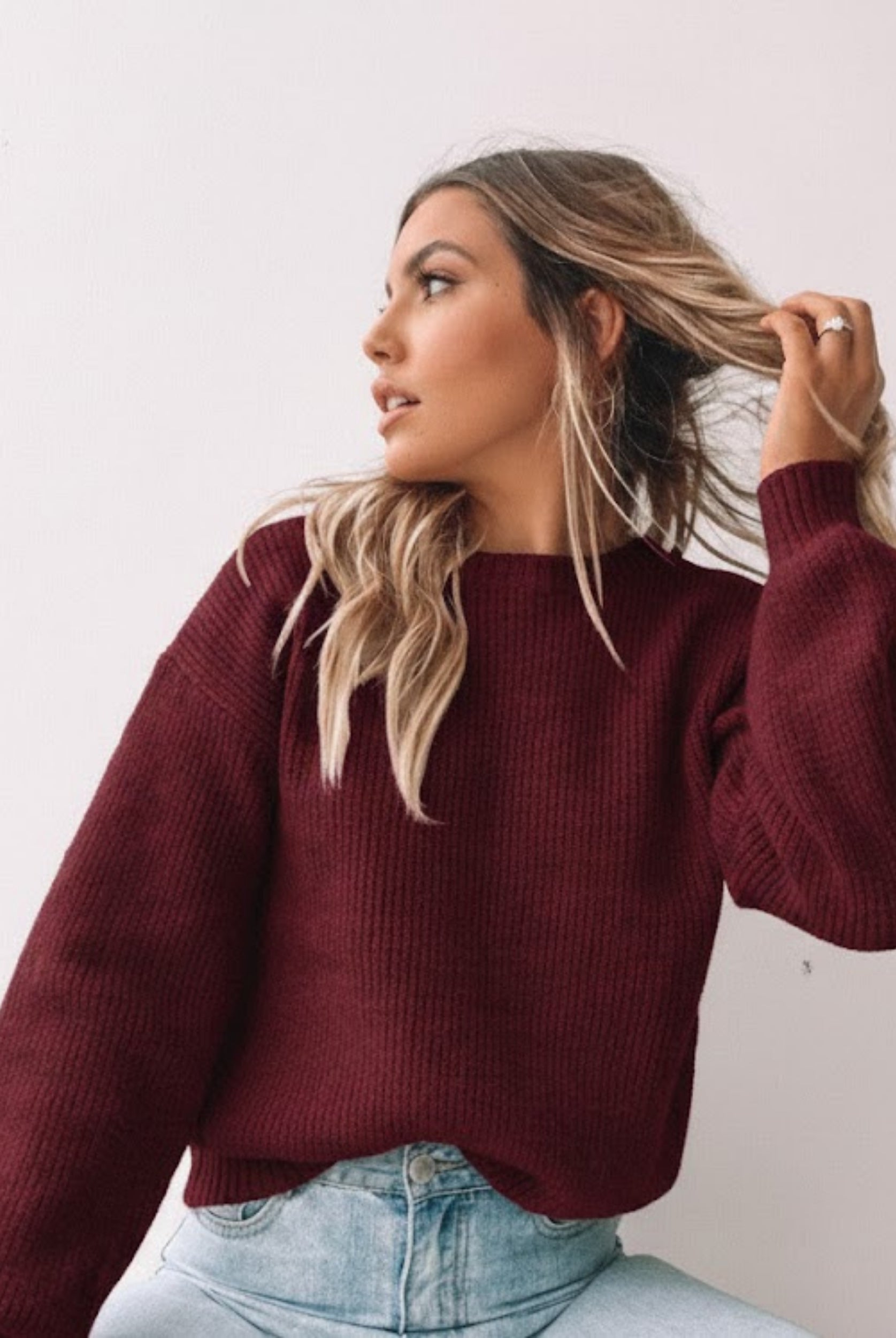 Harvie Knit in Wine womens wool blend jumper in deep wine front view
