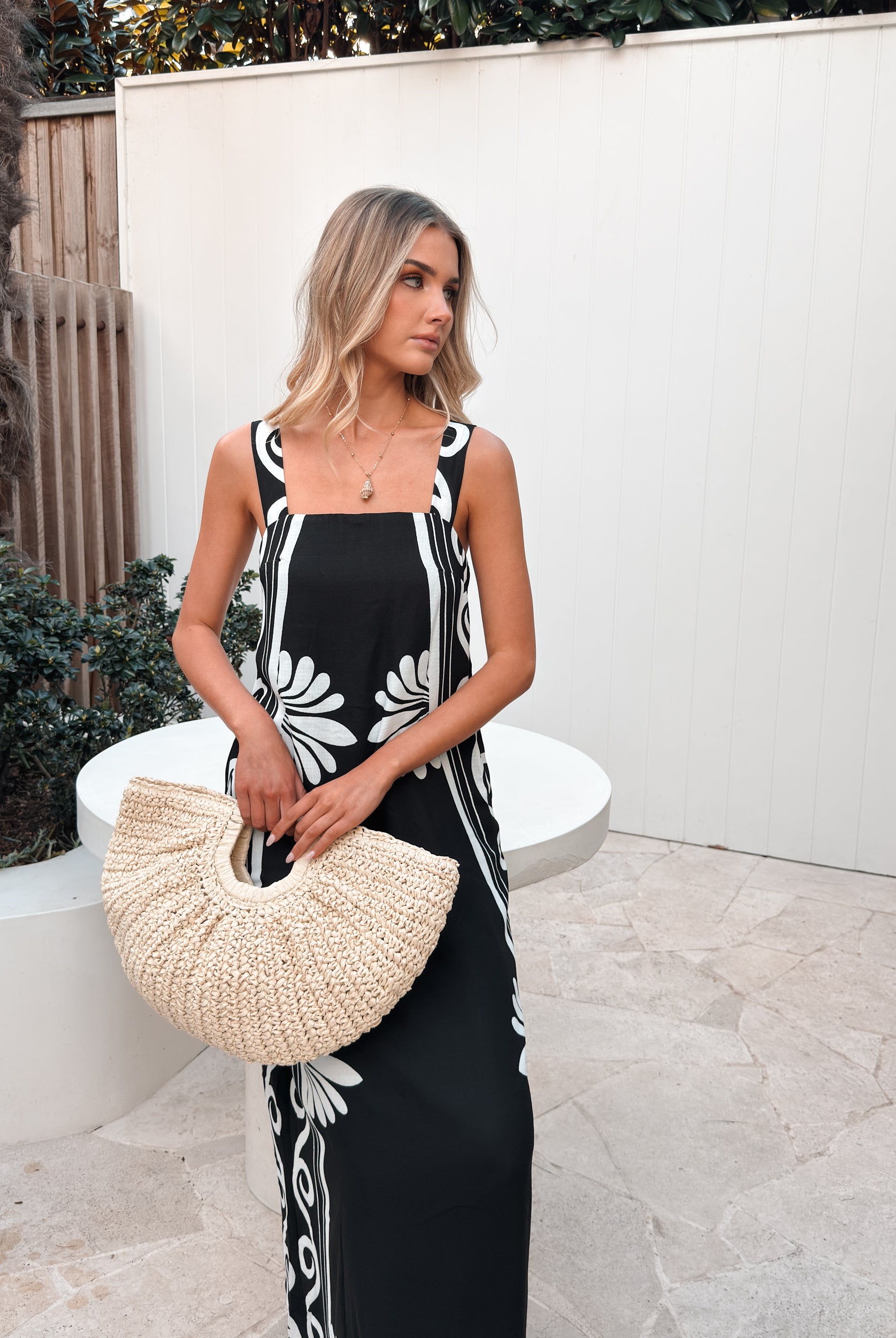 Holden Dress in Black Floral black and white floral linen maxi side view