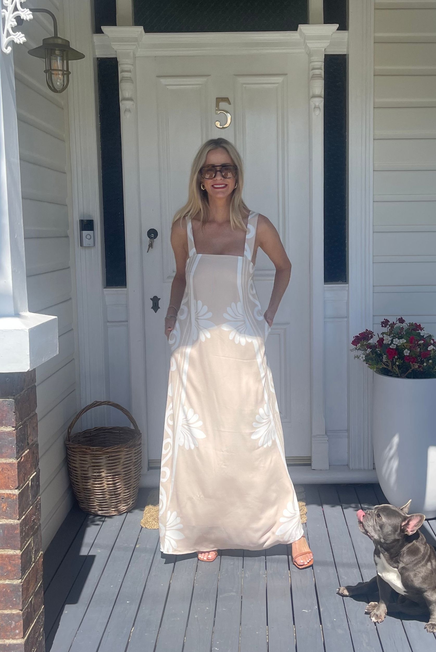 Holden Dress in Beige Floral beige and white floral maxi dress back view