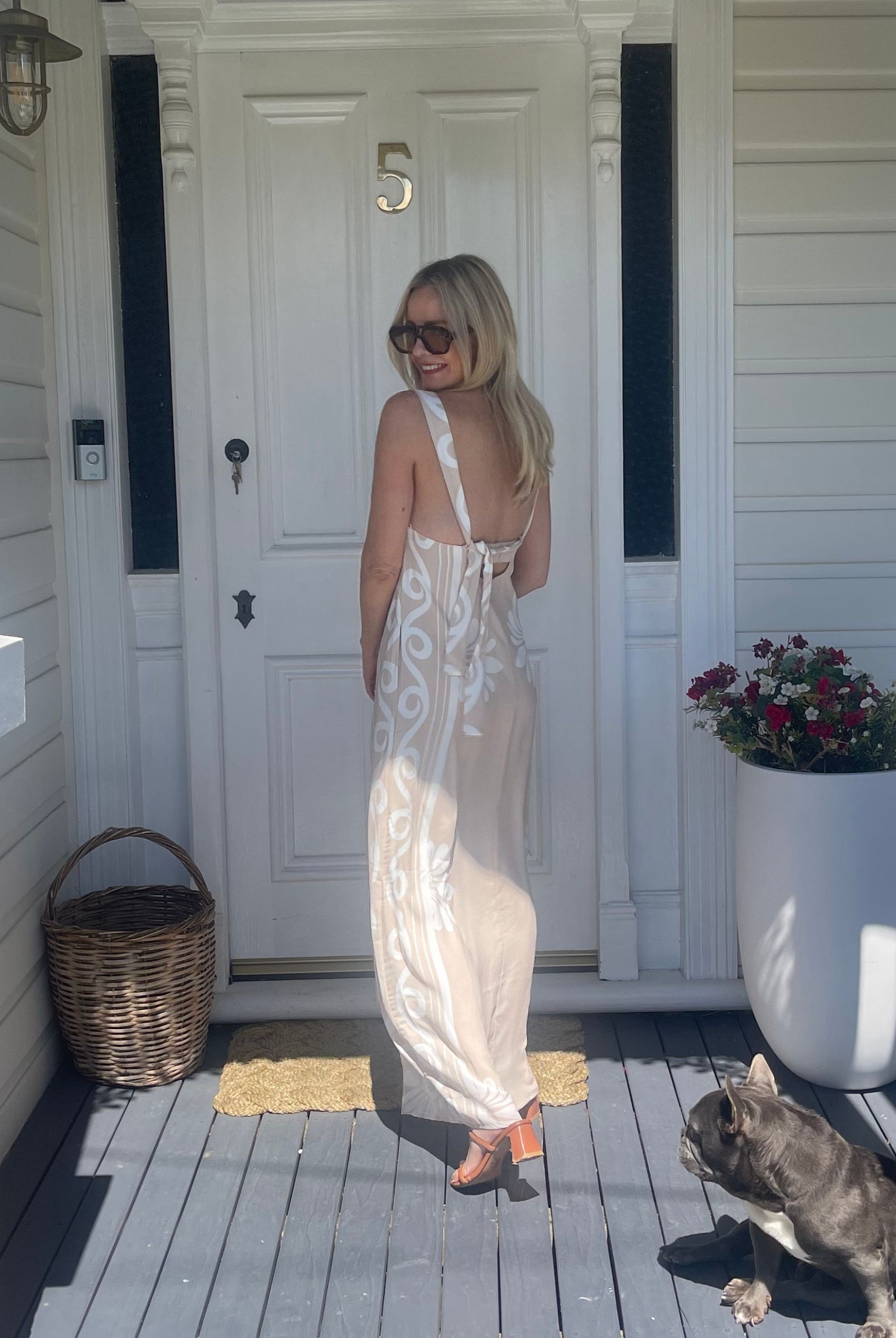 Holden Dress in Beige Floral beige floral sleeveless maxi full length view