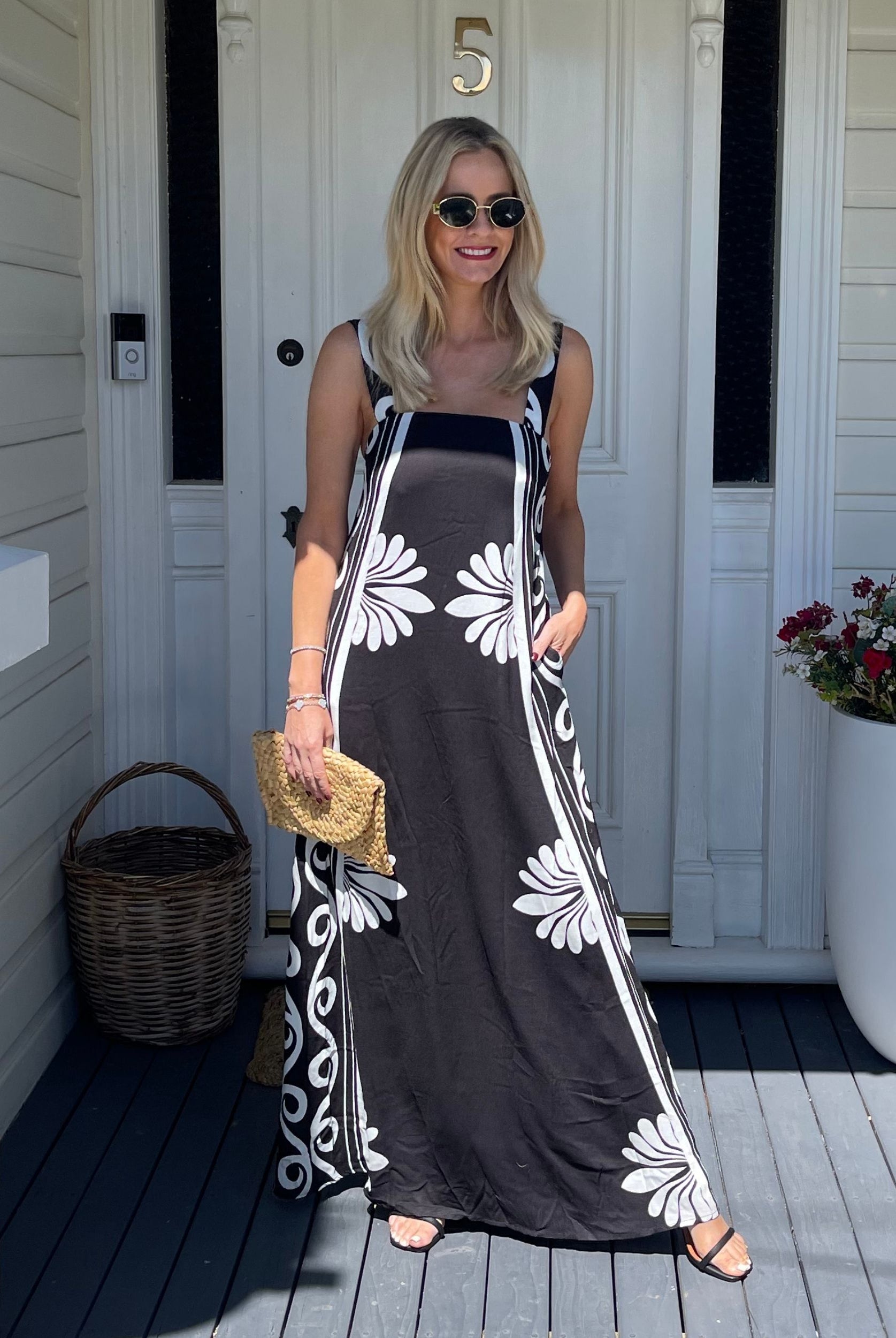 Holden black floral linen maxi dress, detail view