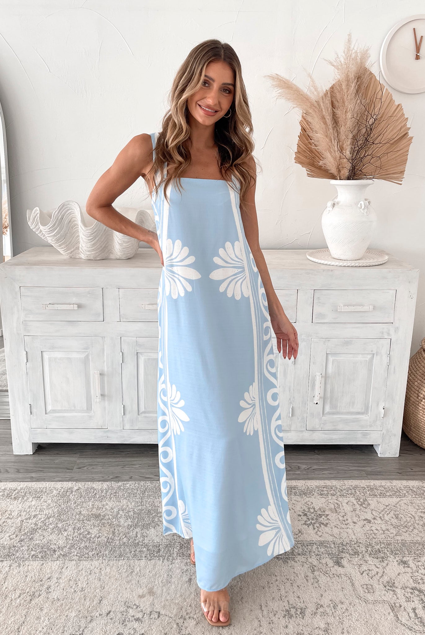 Holden Dress in Blue Floral womens linen maxi dress in blue and white floral front view