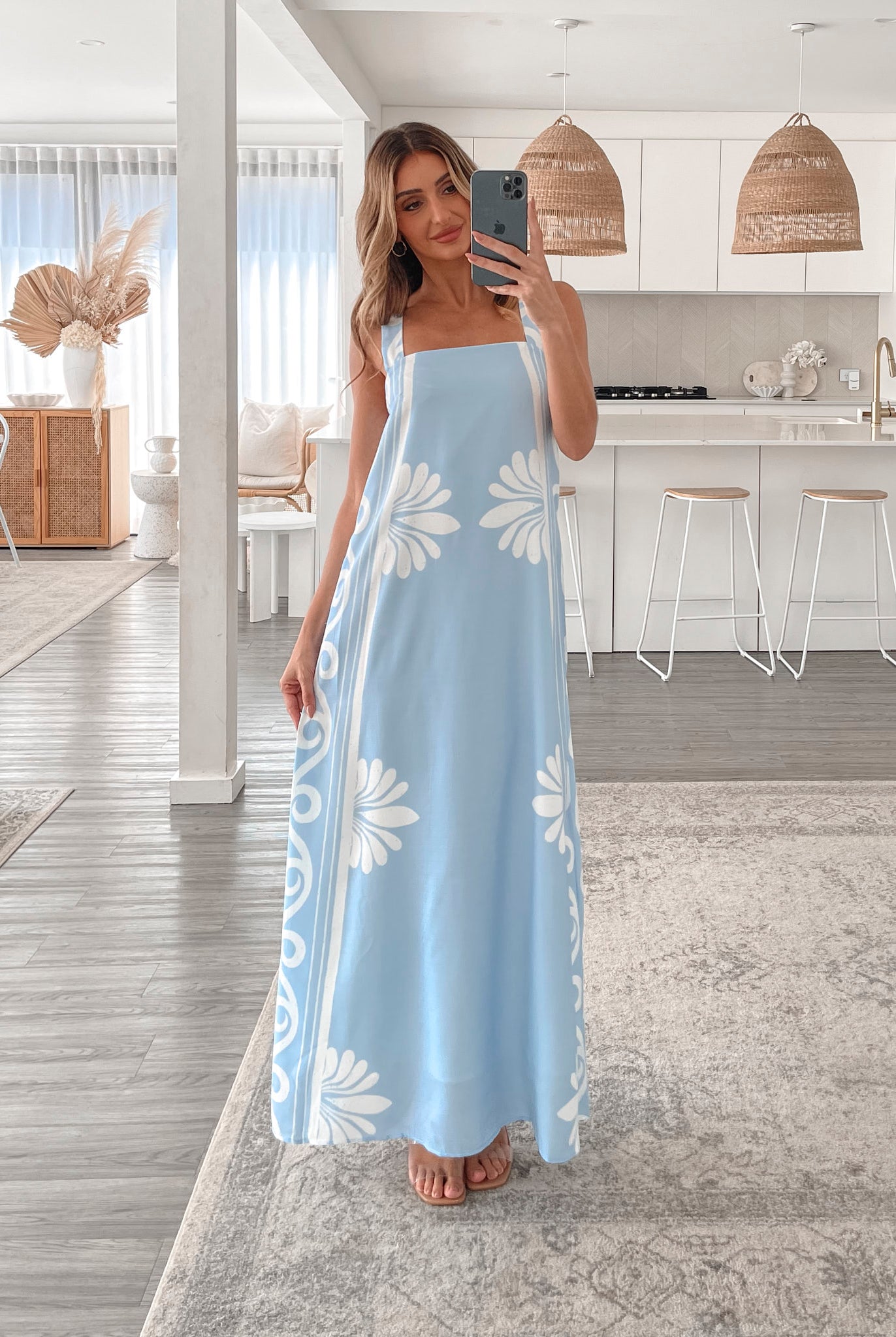 Holden Dress in Blue Floral blue and white floral maxi dress full length view