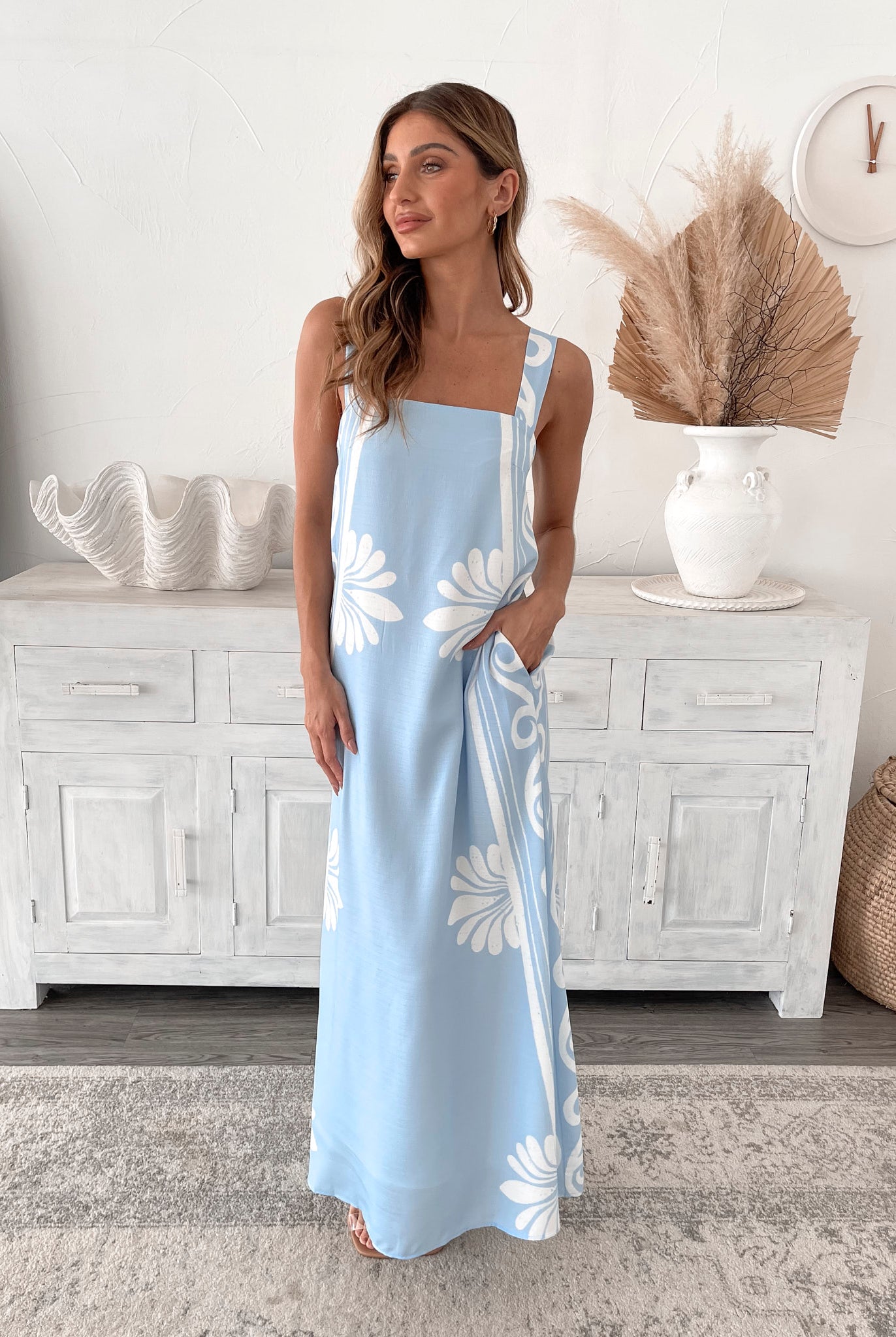 Holden Dress in Blue Floral womens blue floral linen maxi styled outfit