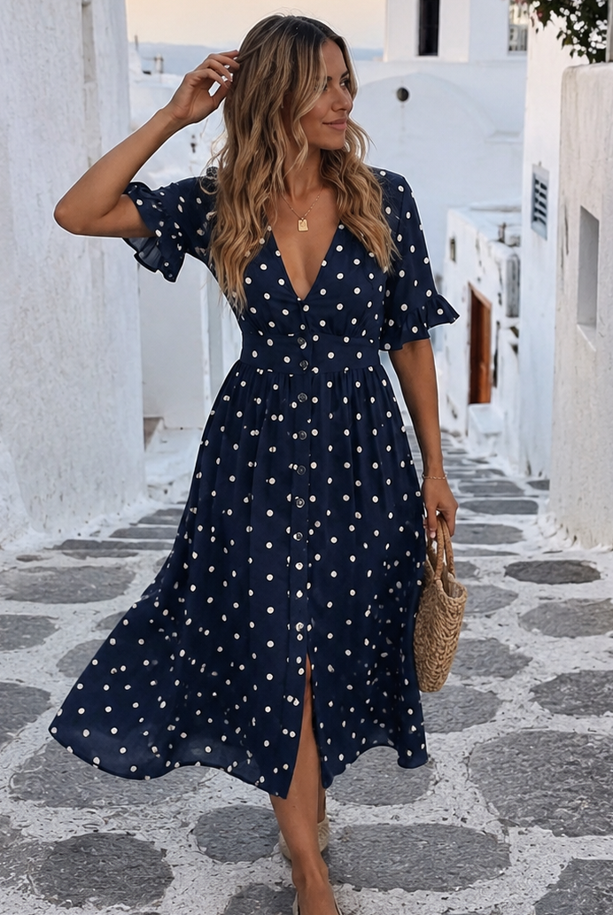Women's navy spot linen midi dress, the Orrin Dress in Navy Spot by Esther & Co
