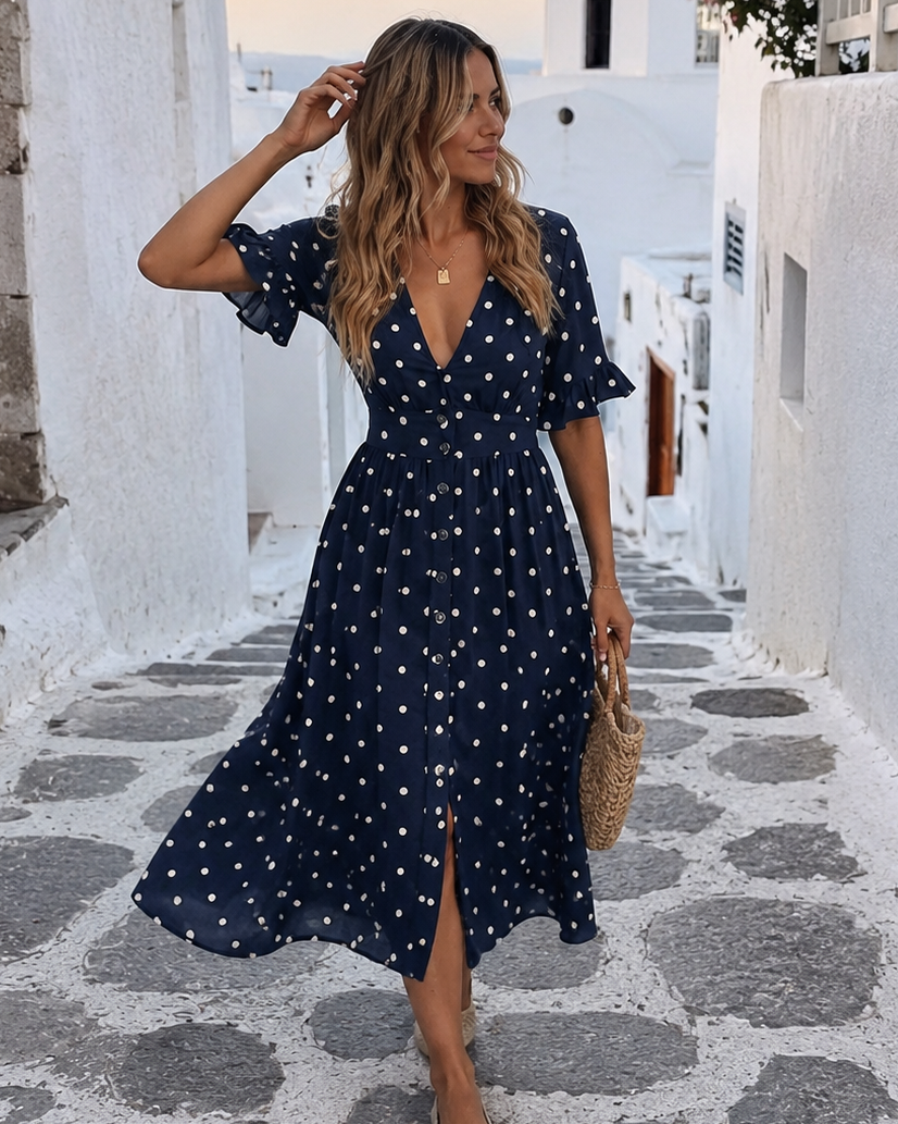 Women's navy spot linen midi dress, the Orrin Dress in Navy Spot by Esther & Co