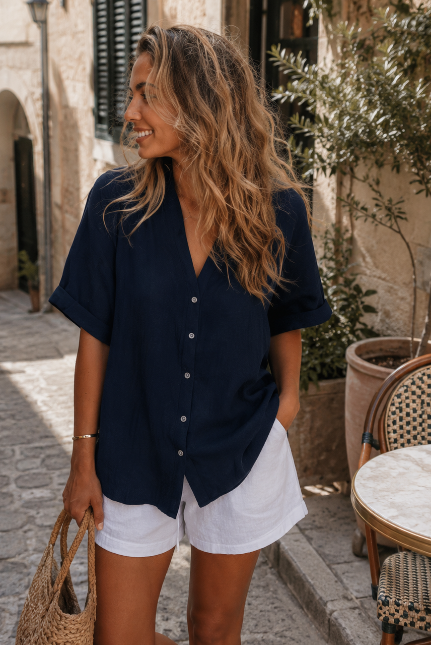 Women's navy relaxed linen blouse, the Fraise Top in Navy by Esther & Co