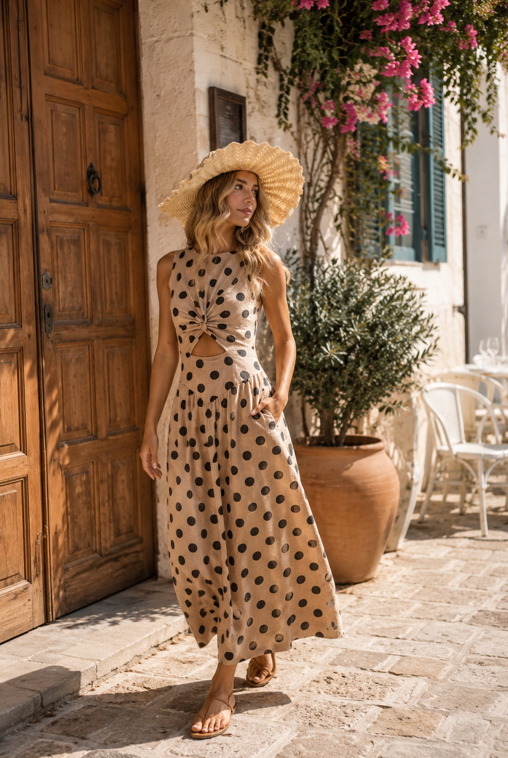 Women's beige spot linen midi dress, the Rafiya Dress in Beige Spot by Esther & Co
