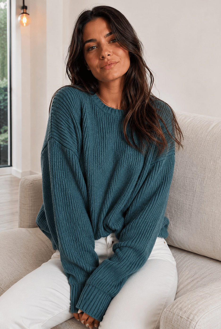 Women's petrol wool blend knit jumper detail view by Esther & Co