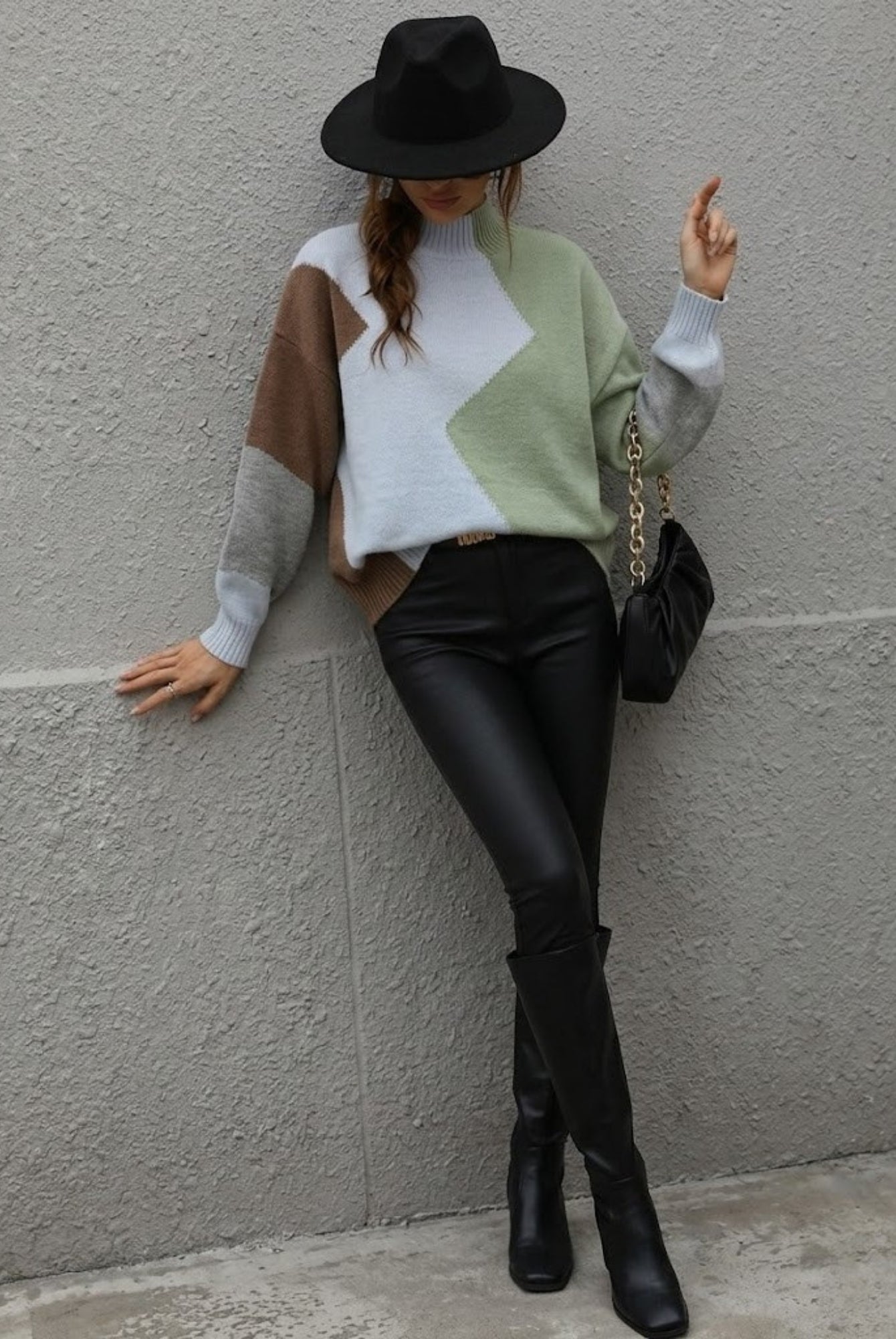 Illeana Knit in Sage Print sage print colour block wool blend knit with high mock-neckline side view