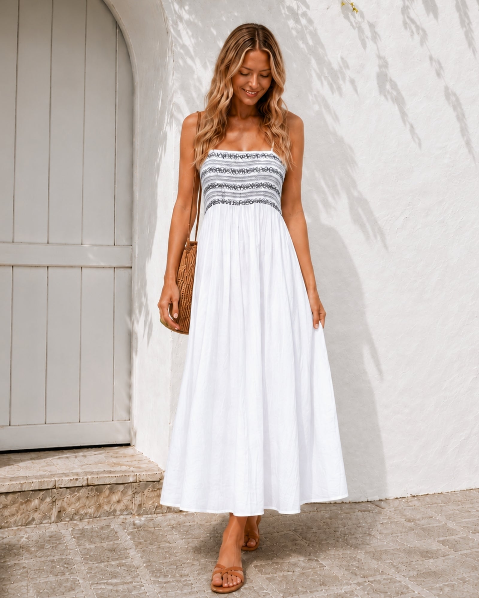 Women's white multi print shirred maxi dress, the Ilyndra Dress in White Multi by Esther & Co