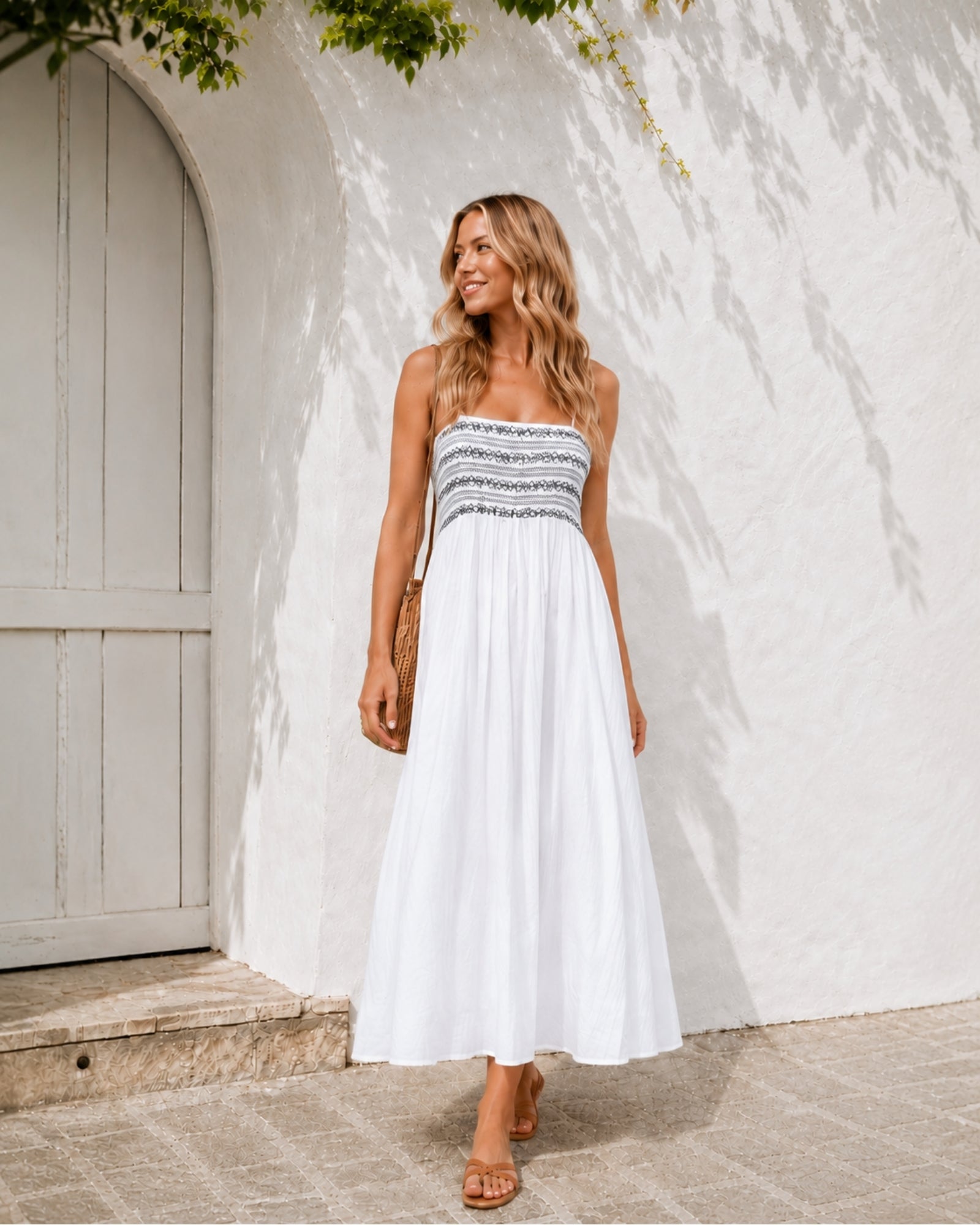 Women's white multi print maxi dress styled outfit by Esther & Co