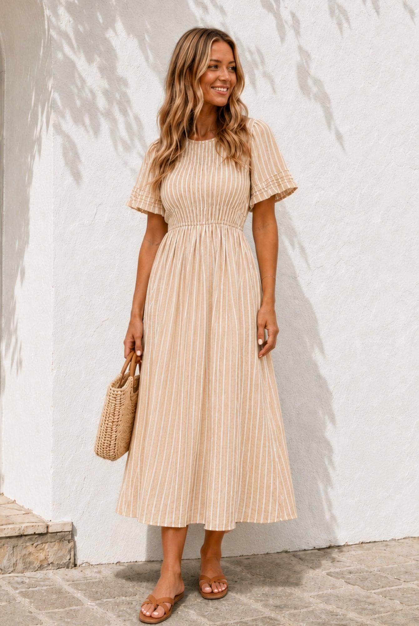Women's beige cotton smock midi dress, the Iolana Dress in Beige by Esther & Co