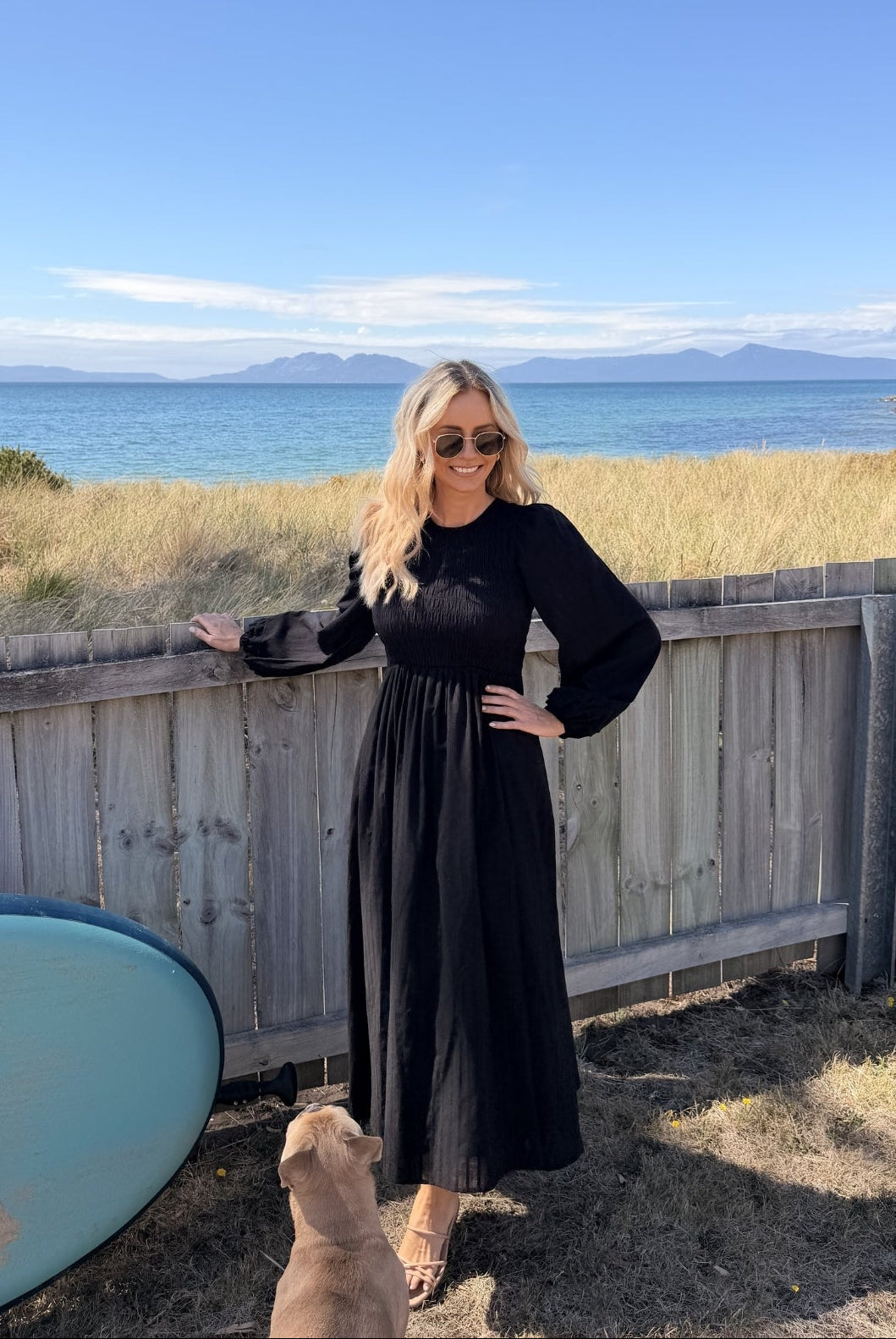 Iolana black long sleeve midi dress, alternate front