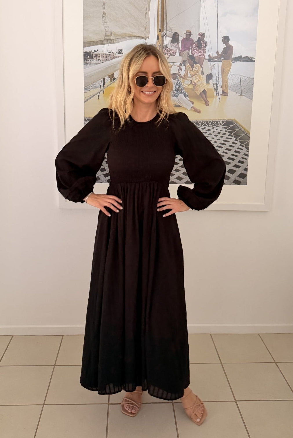 Iolana black long sleeve smock midi dress, front detail