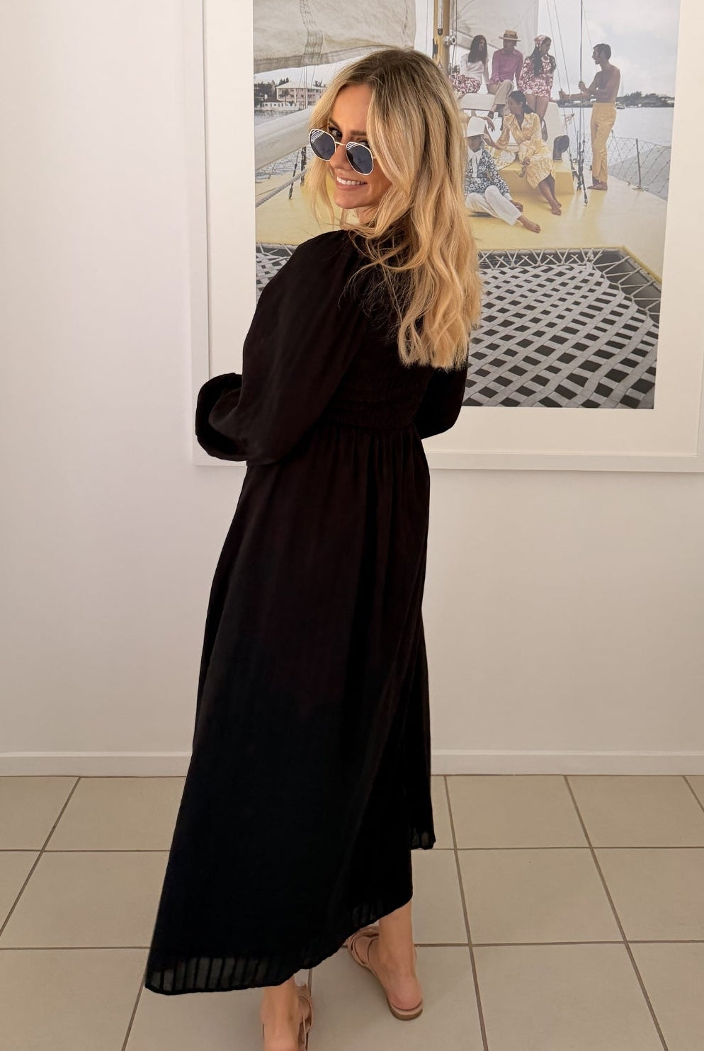 Iolana black long sleeve midi dress, side view