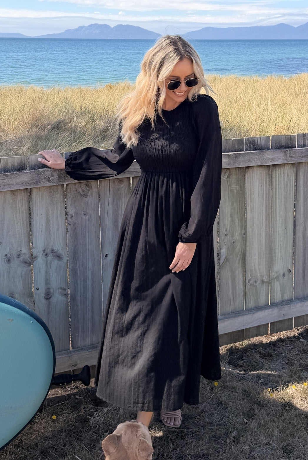 Iolana black long sleeve cotton midi dress, styled look