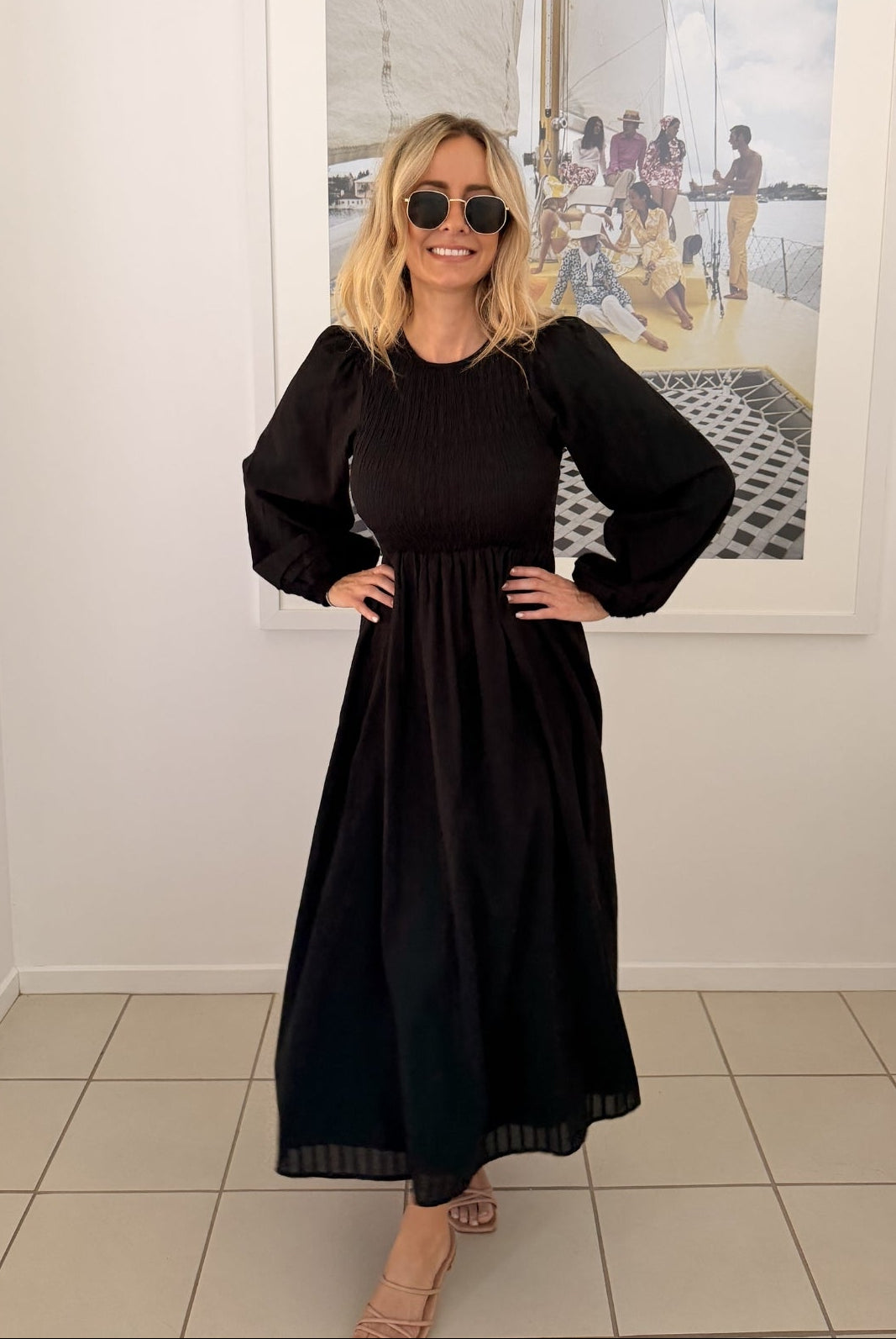 Iolana black long sleeve cotton midi dress, styled view