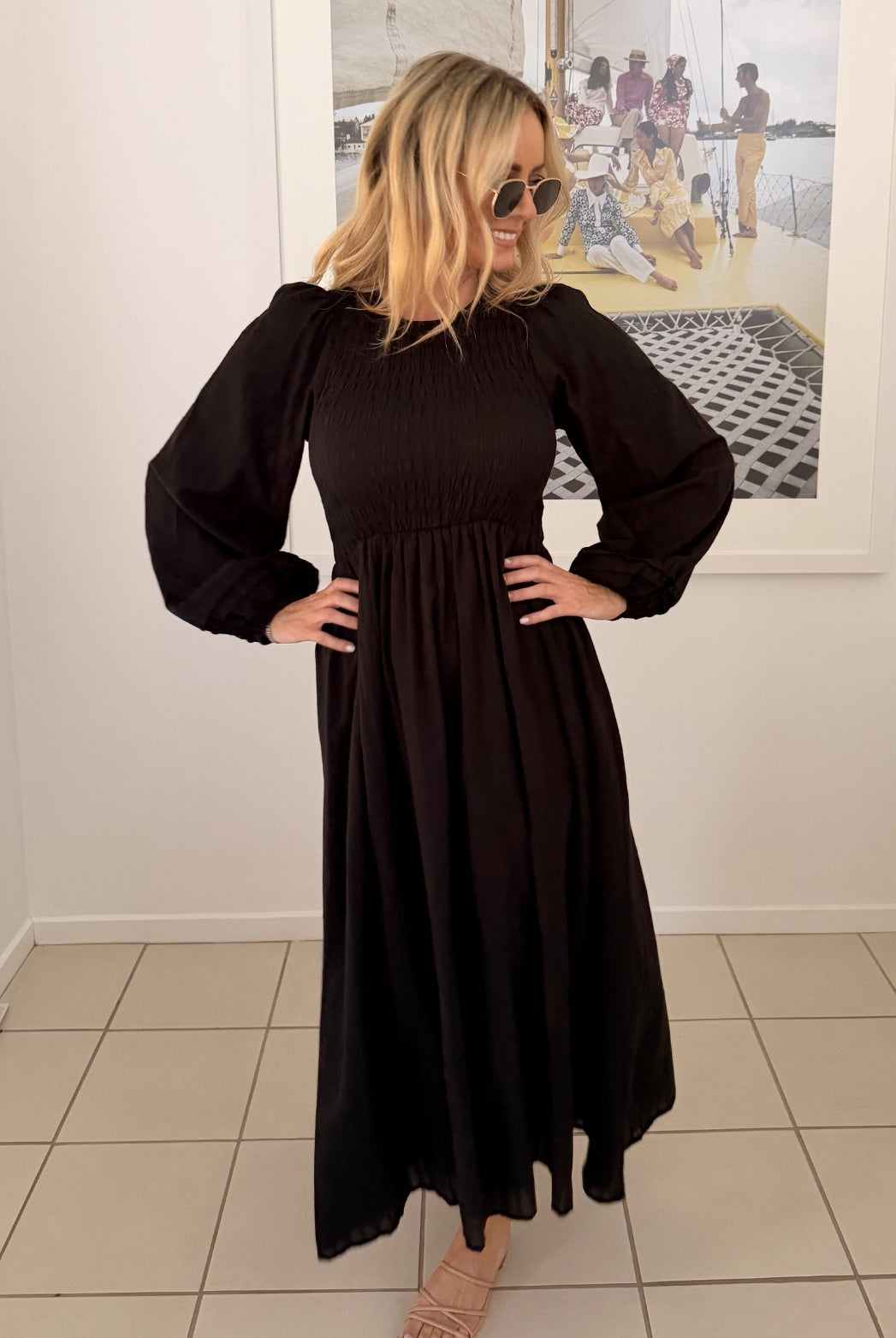 Iolana black long sleeve midi dress, back view