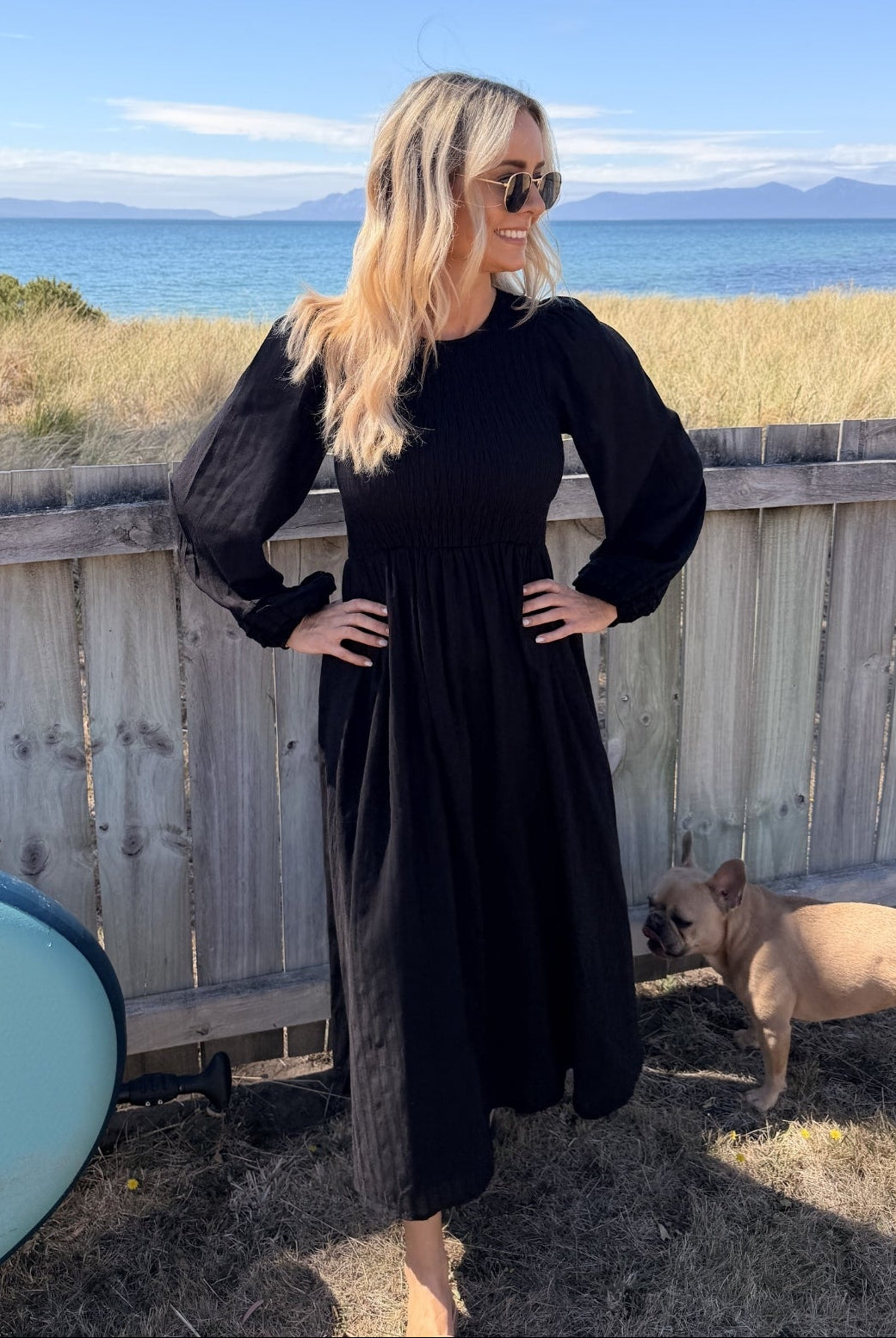 Iolana black long sleeve cotton midi dress, full length