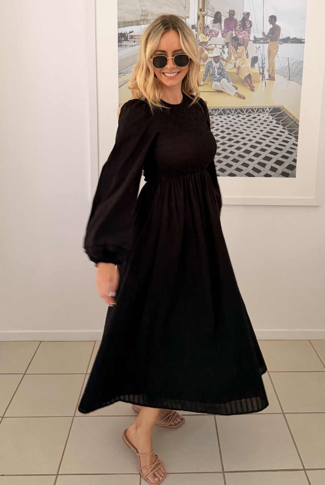Iolana black long sleeve midi dress, detail view