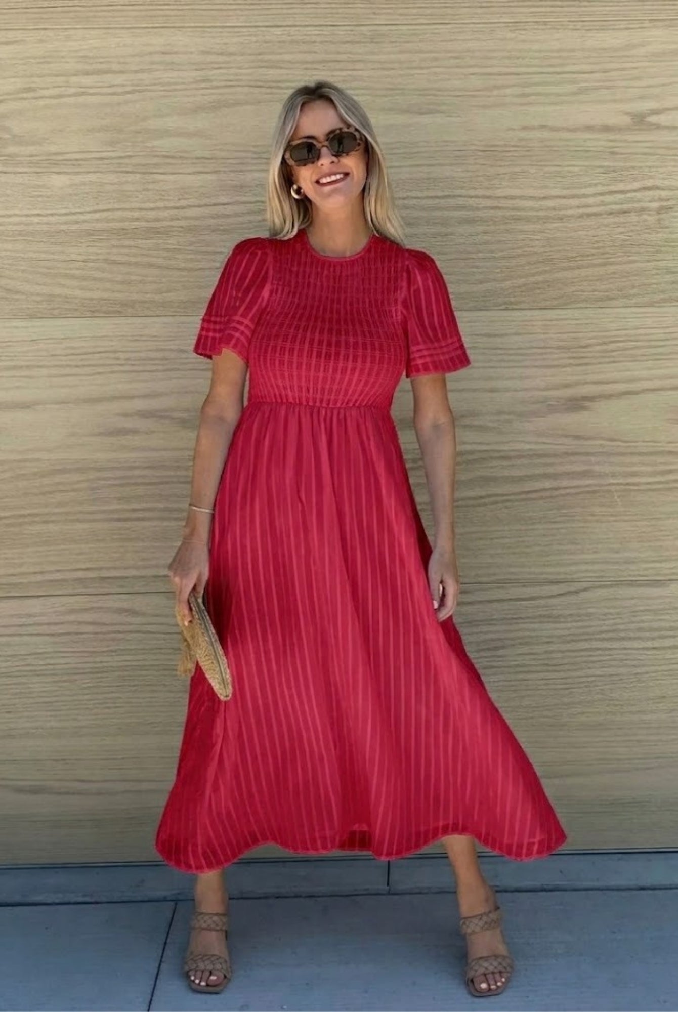 Women's cherry red cotton midi dress with shirred bodice, the Iolana Dress in Cherry by Esther & Co
