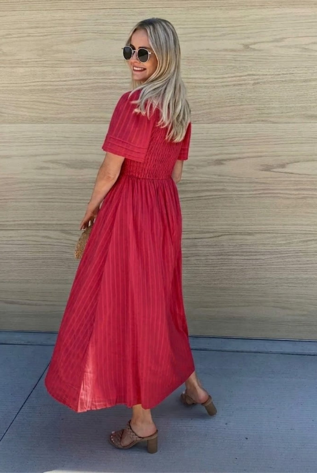Women's cherry red a-line midi dress with short sleeves by Esther & Co