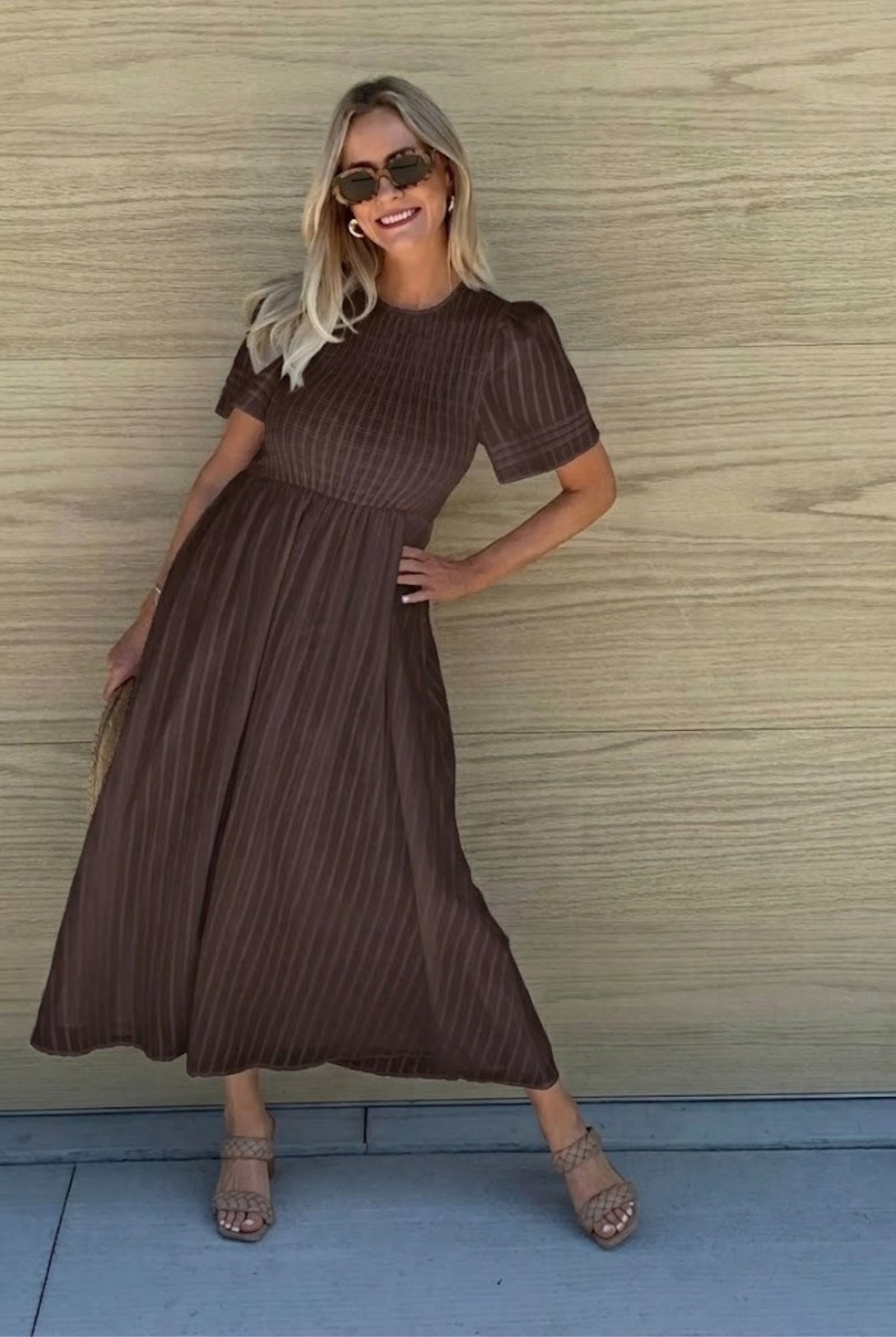 Women's chocolate cotton midi dress with shirred bodice and flutter sleeves, the Iolana Dress in Chocolate by Esther & Co