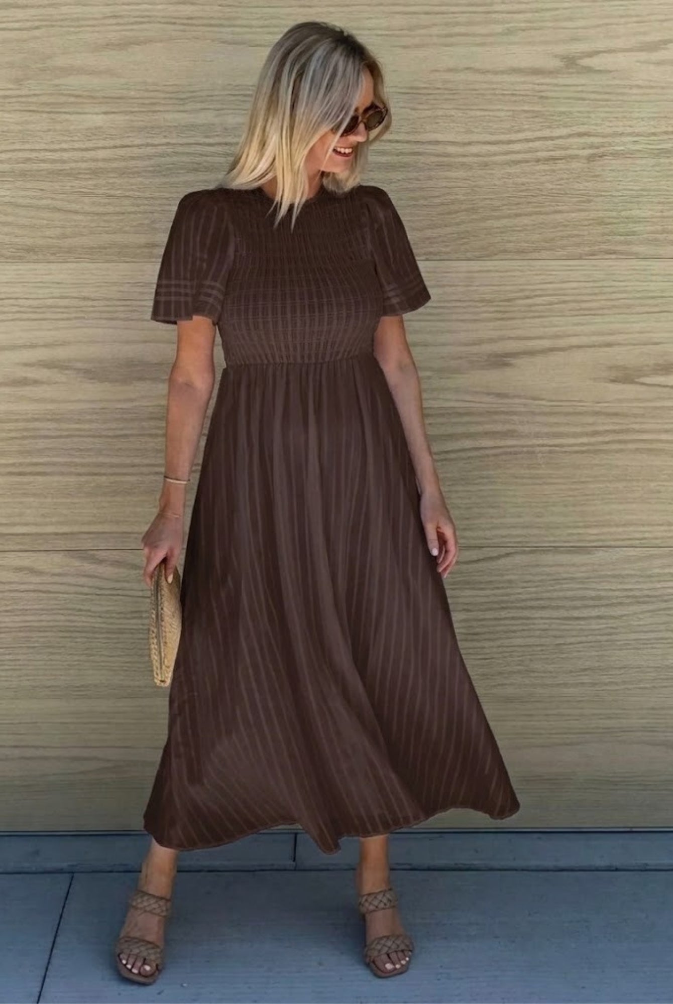 Women's chocolate brown a-line midi dress with crew neckline by Esther & Co