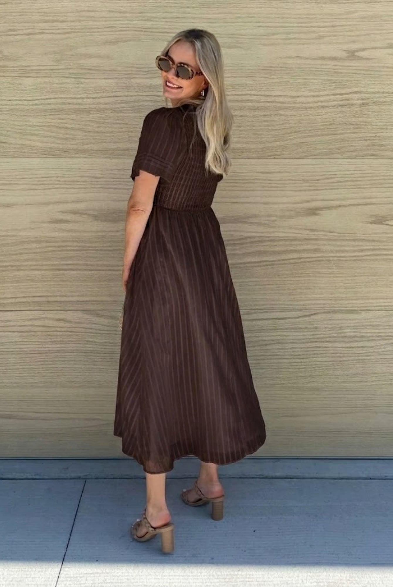 Women's flowy chocolate cotton dress with vertical pinstripe texture by Esther & Co