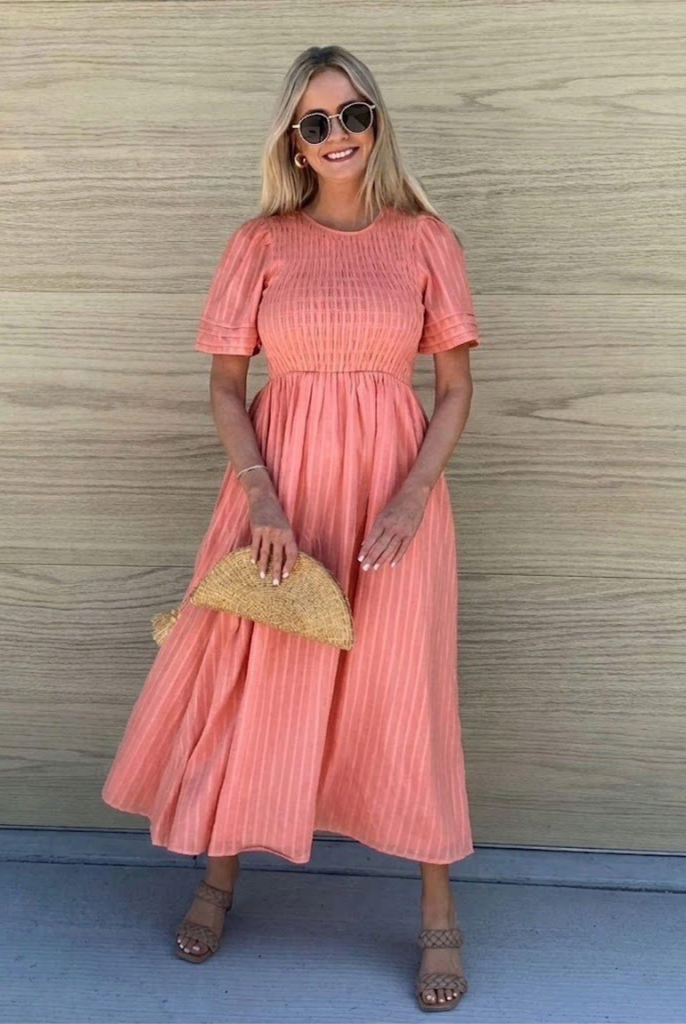 Women's coral a-line midi dress with tiered short sleeves by Esther & Co