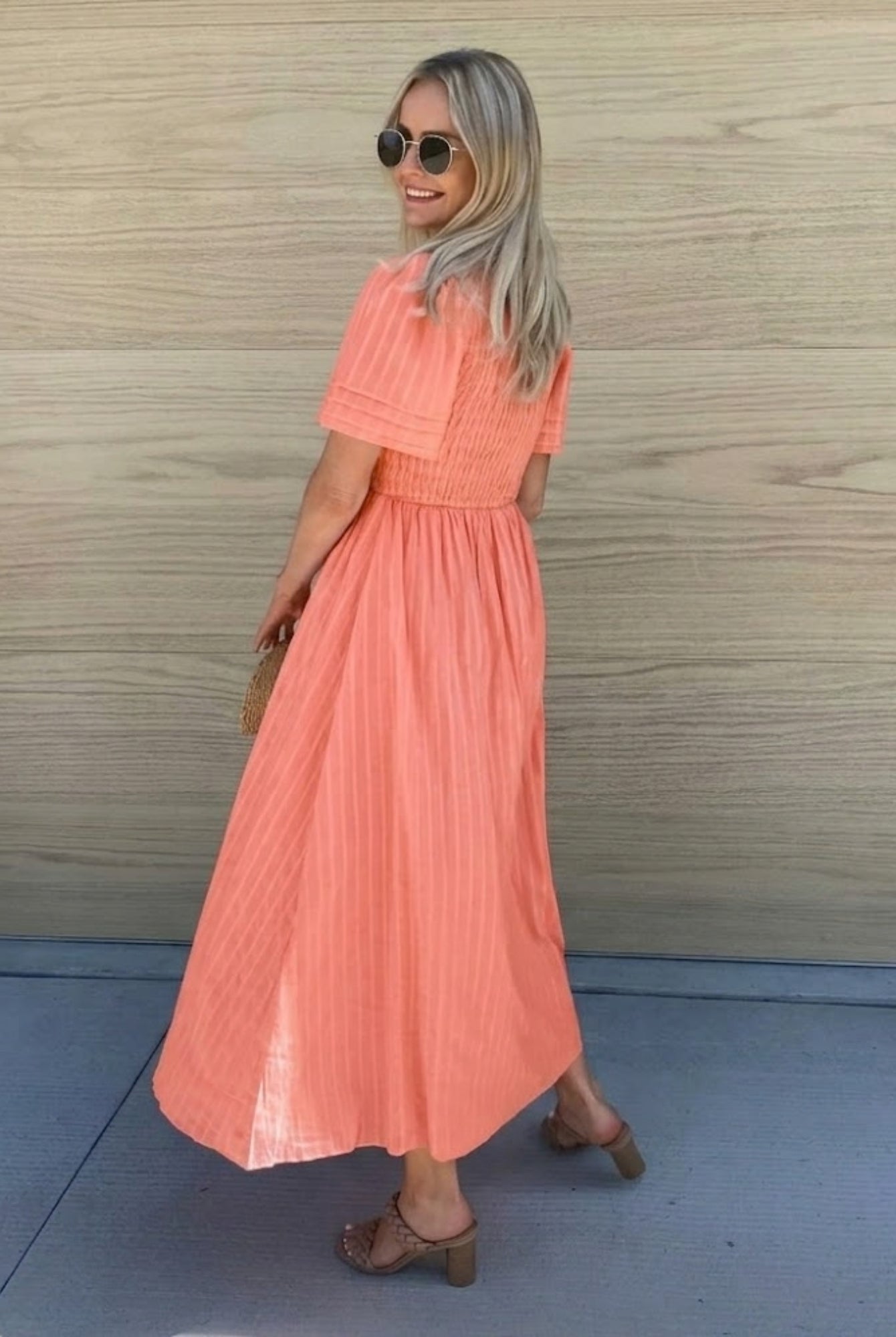 Women's flowy coral cotton dress with vertical stripe texture by Esther & Co