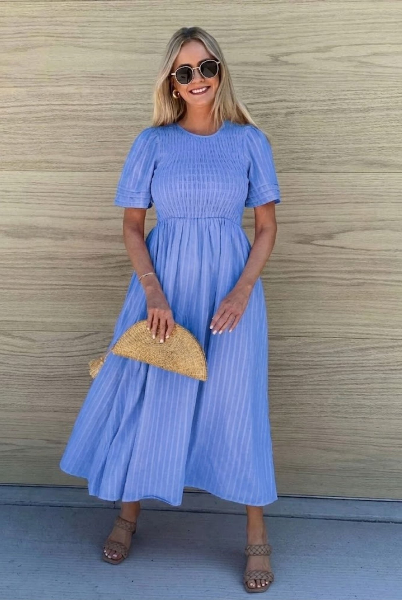 Women's cornflower blue cotton midi dress with structured bodice, the Iolana Dress in Cornflower by Esther & Co