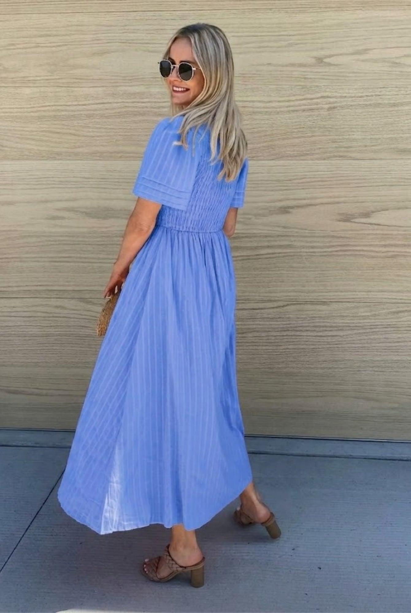 Women's cornflower blue a-line midi dress with short sleeves by Esther & Co