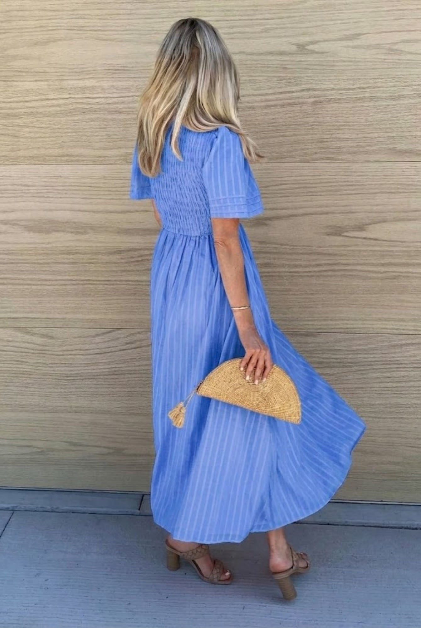 Women's cornflower blue midi dress with sweeping silhouette by Esther & Co