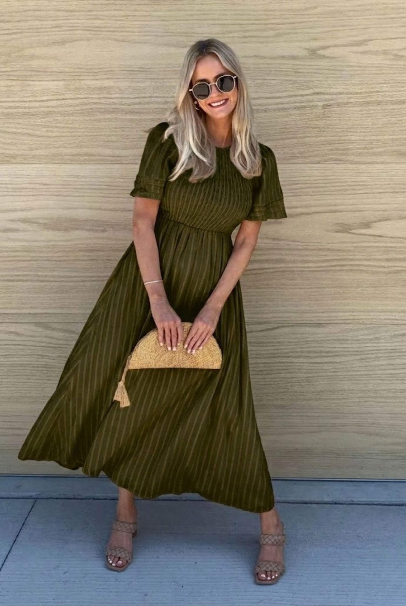 Women's dark olive cotton midi dress with shirred bodice, the Iolana Dress in Dark Olive by Esther & Co