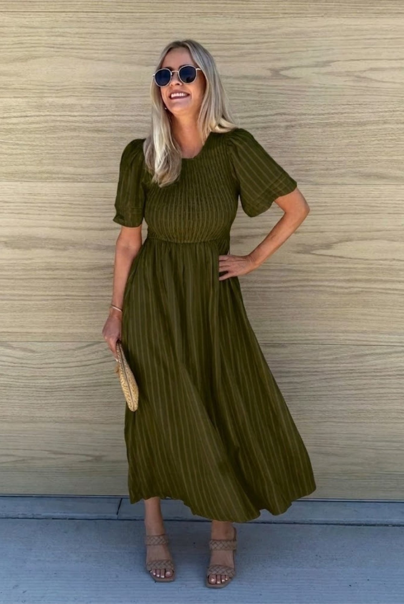 Women's olive green a-line midi dress with short sleeves by Esther & Co
