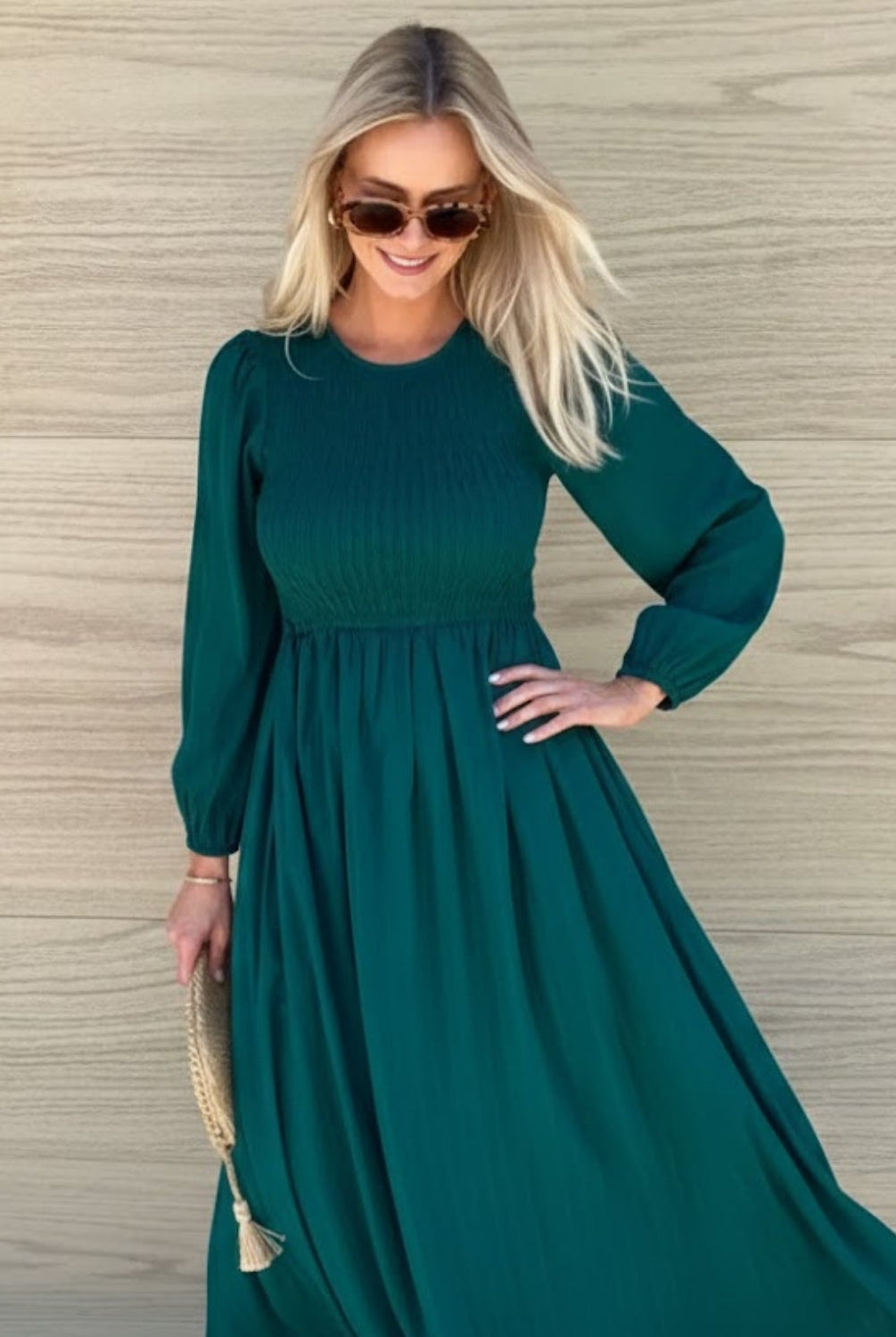Iolana Dress in Deep Green Long Sleeve deep green shirred bodice cotton midi dress side view