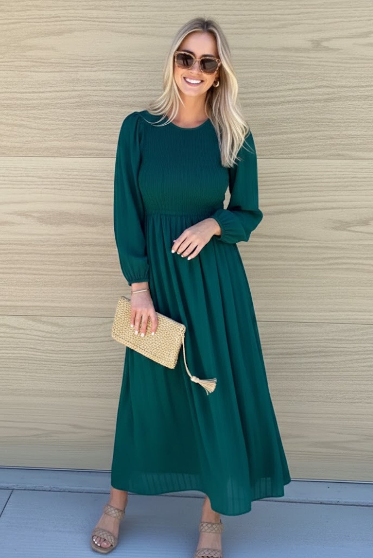 Iolana Dress in Deep Green Long Sleeve womens emerald green midi dress styled outfit