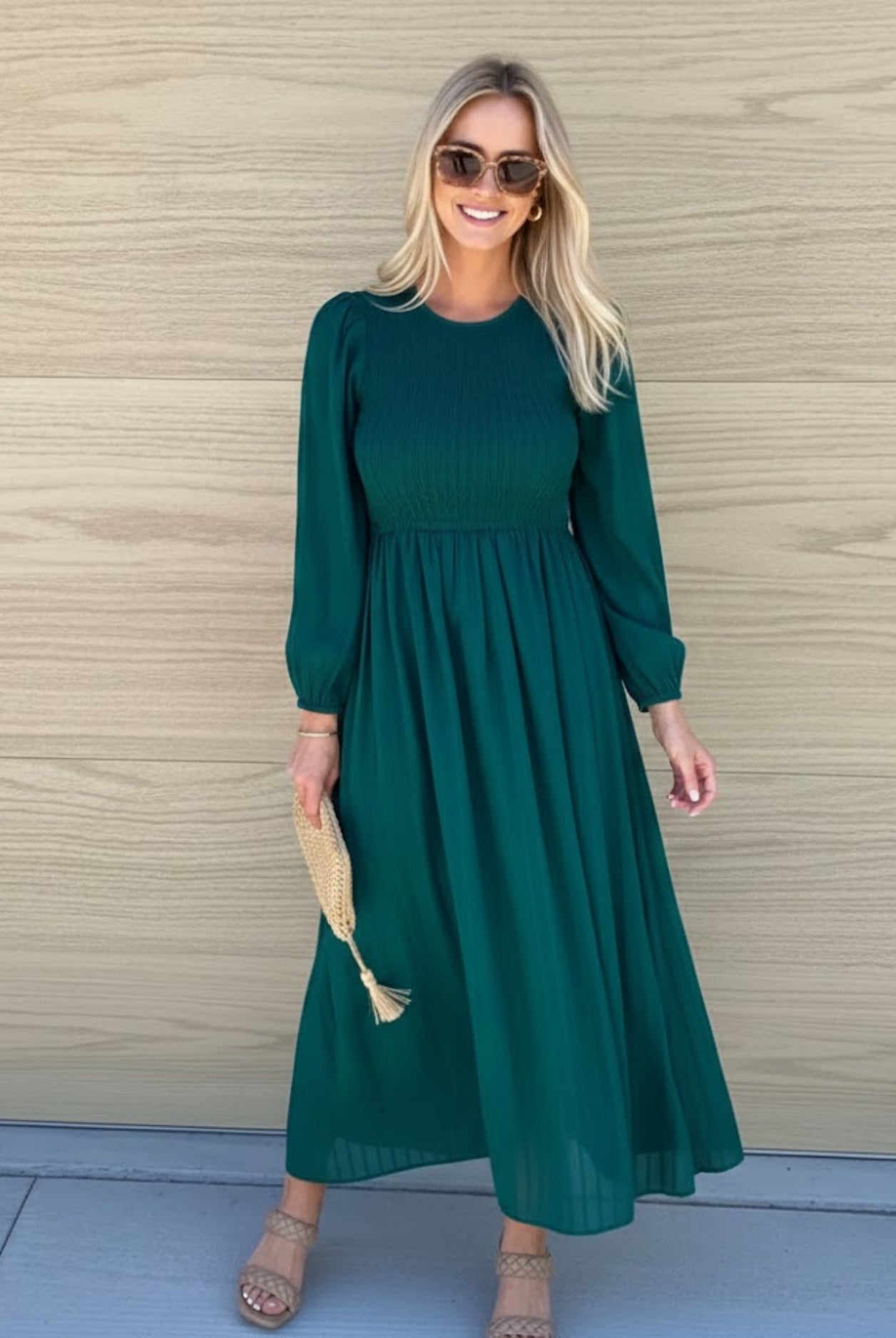 Iolana Dress in Deep Green Long Sleeve womens cotton midi dress in deep emerald front view
