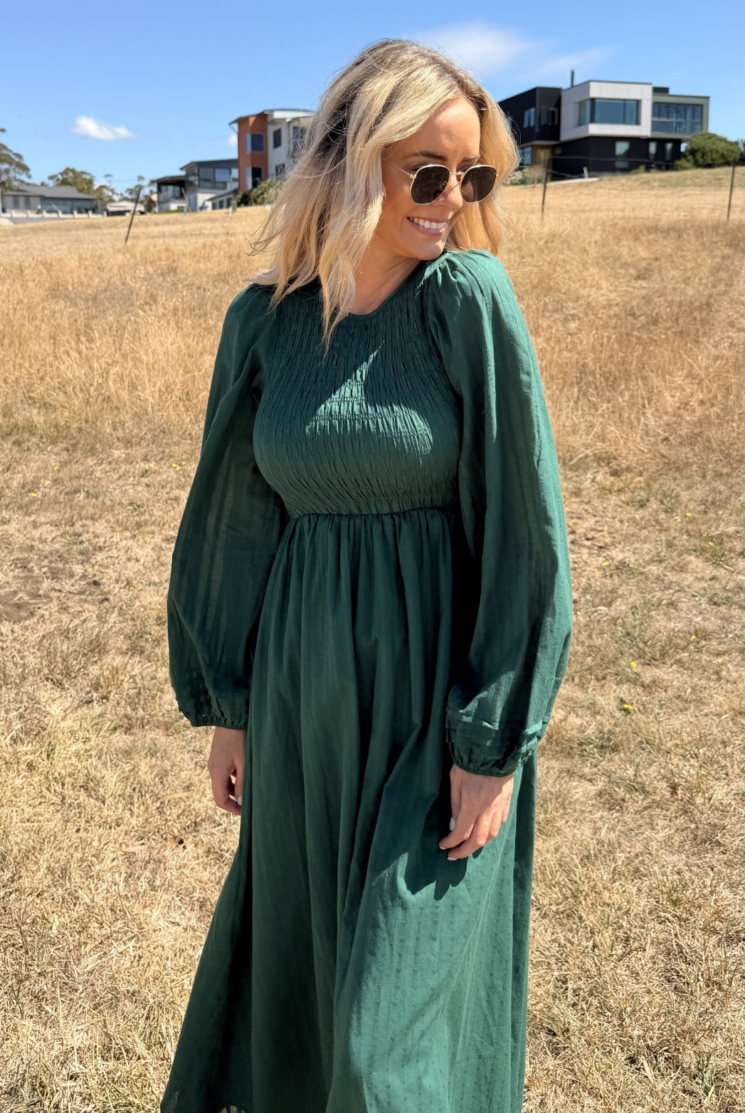 Iolana Dress in Deep Green Long Sleeve deep emerald long sleeve midi dress full length