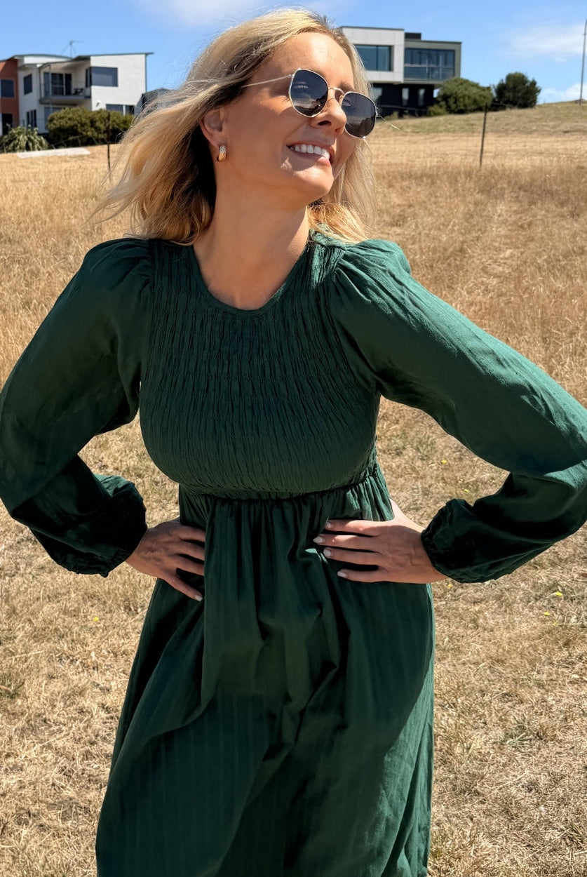 Iolana Dress in Deep Green Long Sleeve womens deep green cotton midi dress back view