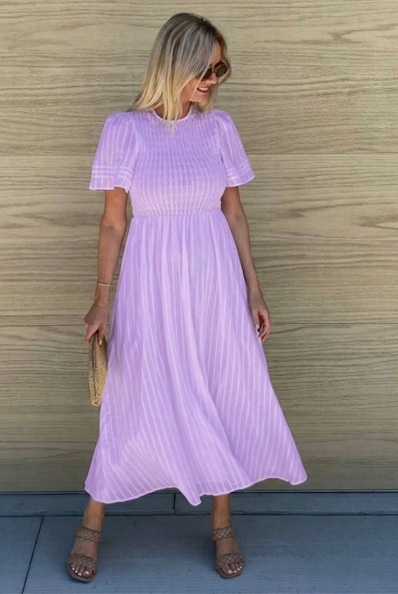 Women's lavender cotton midi dress with pleated bodice, the Iolana Dress in Lavender by Esther & Co
