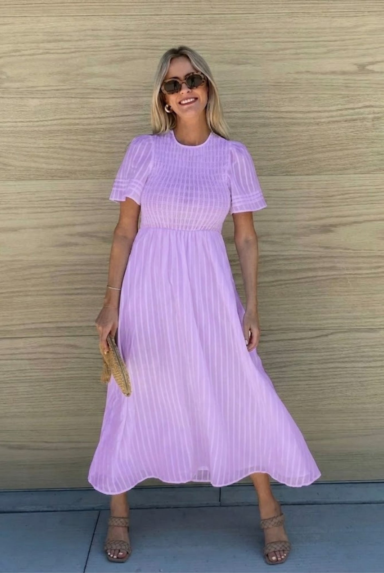 Women's lavender a-line midi dress with short sleeves by Esther & Co