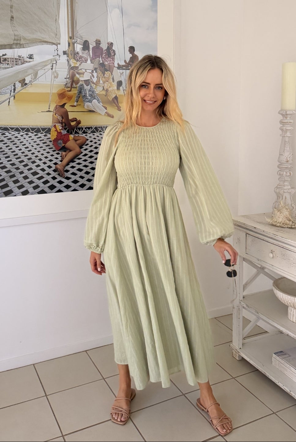 Iolana Dress in Soft Khaki Long Sleeve womens cotton midi dress long sleeve front view