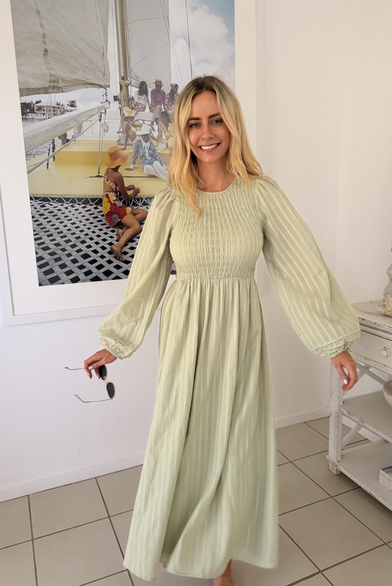 Iolana Dress in Soft Khaki Long Sleeve soft khaki cotton A-line midi full length