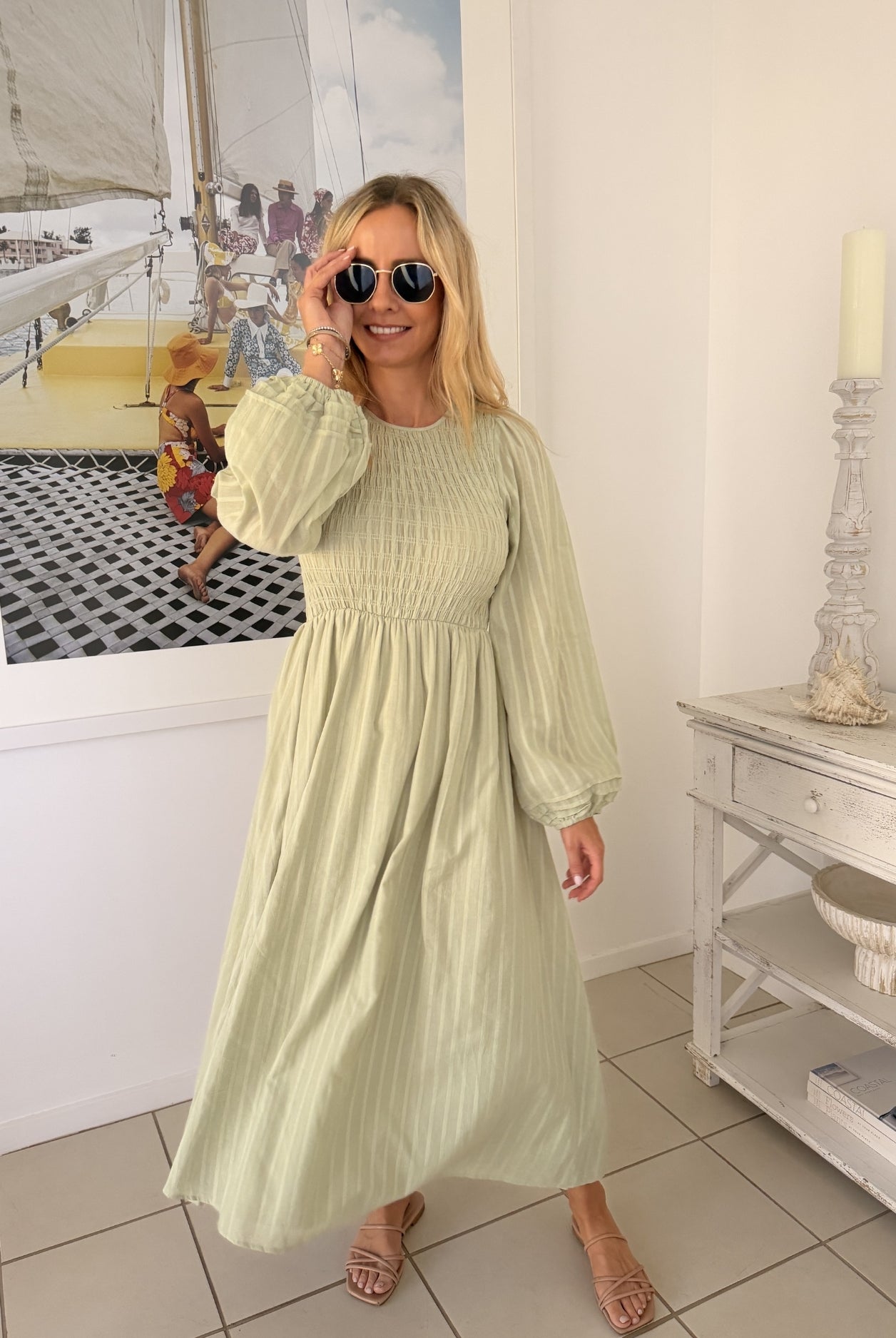 Iolana Dress in Soft Khaki Long Sleeve womens soft khaki long sleeve midi styled outfit